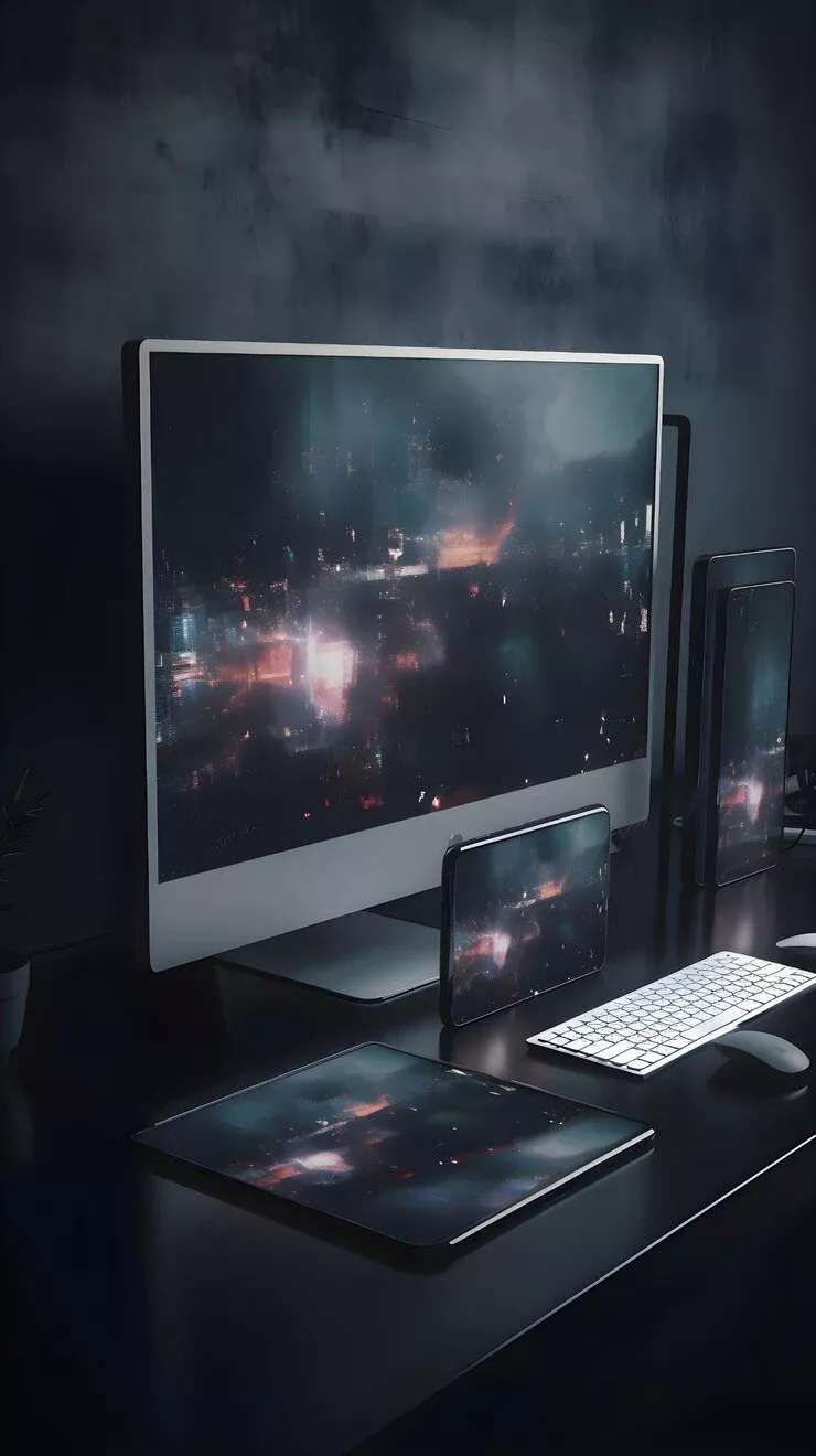 CLOSE UP MODERN DESKTOP WITH COMPUTER TABLET SMARTPHONE NIGHT CITY VIEW 3D RENDERING_1142 59530 | Cekome Configuration informatique moderne avec un écran, une tablette, un smartphone et un clavier sur un bureau sombre, affichant une interface futuriste lumineuse.