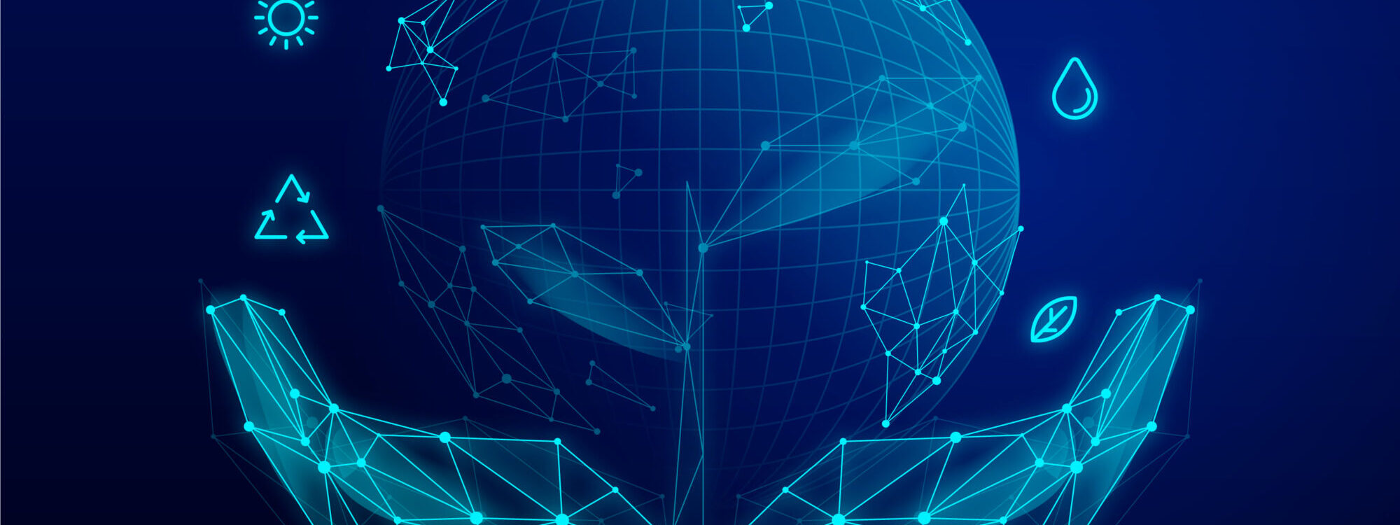 Illustration d&rsquo;une IA d&eacute;di&eacute;e aux KPI &eacute;cologiques, repr&eacute;sentant une plan&egrave;te en r&eacute;seau soutenue par des mains virtuelles, avec des ic&ocirc;nes de durabilit&eacute; et d&rsquo;&eacute;nergie renouvelable.
