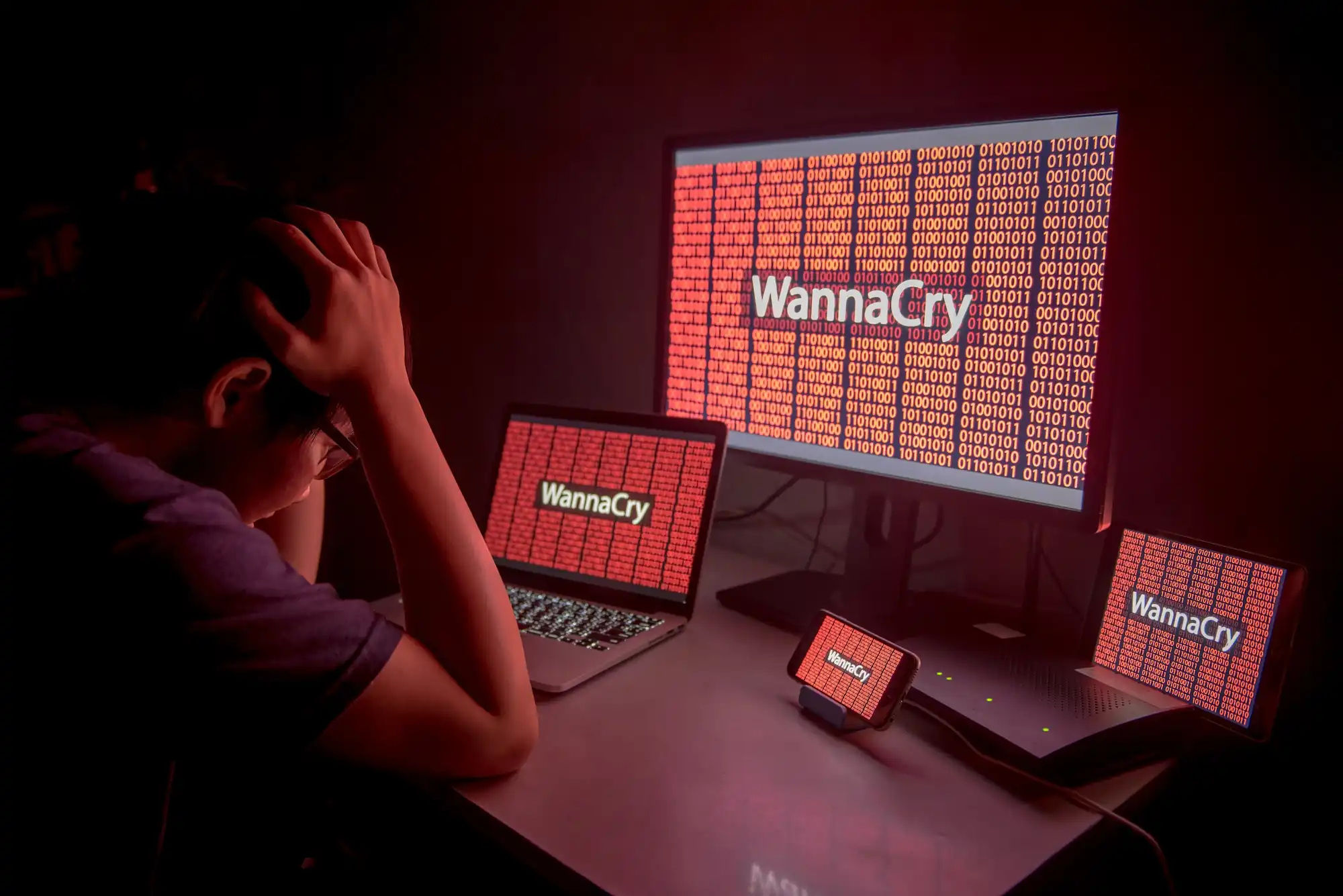 Personne désespérée devant plusieurs écrans affichant le ransomware WannaCry en rouge.