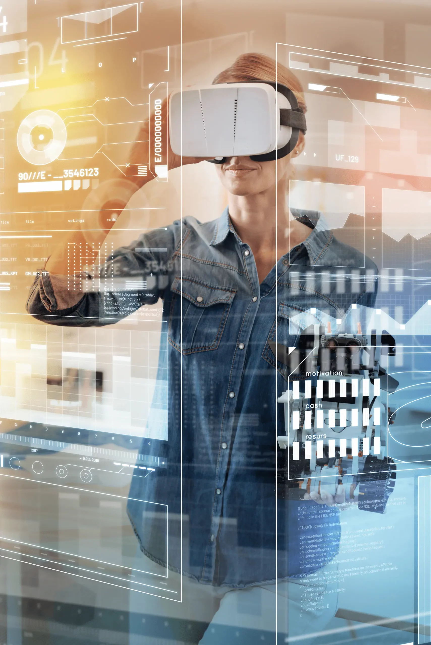 ADOBESTOCK_201312505 SCALED | Cekome Femme utilisant un casque de réalité virtuelle avec des interfaces holographiques