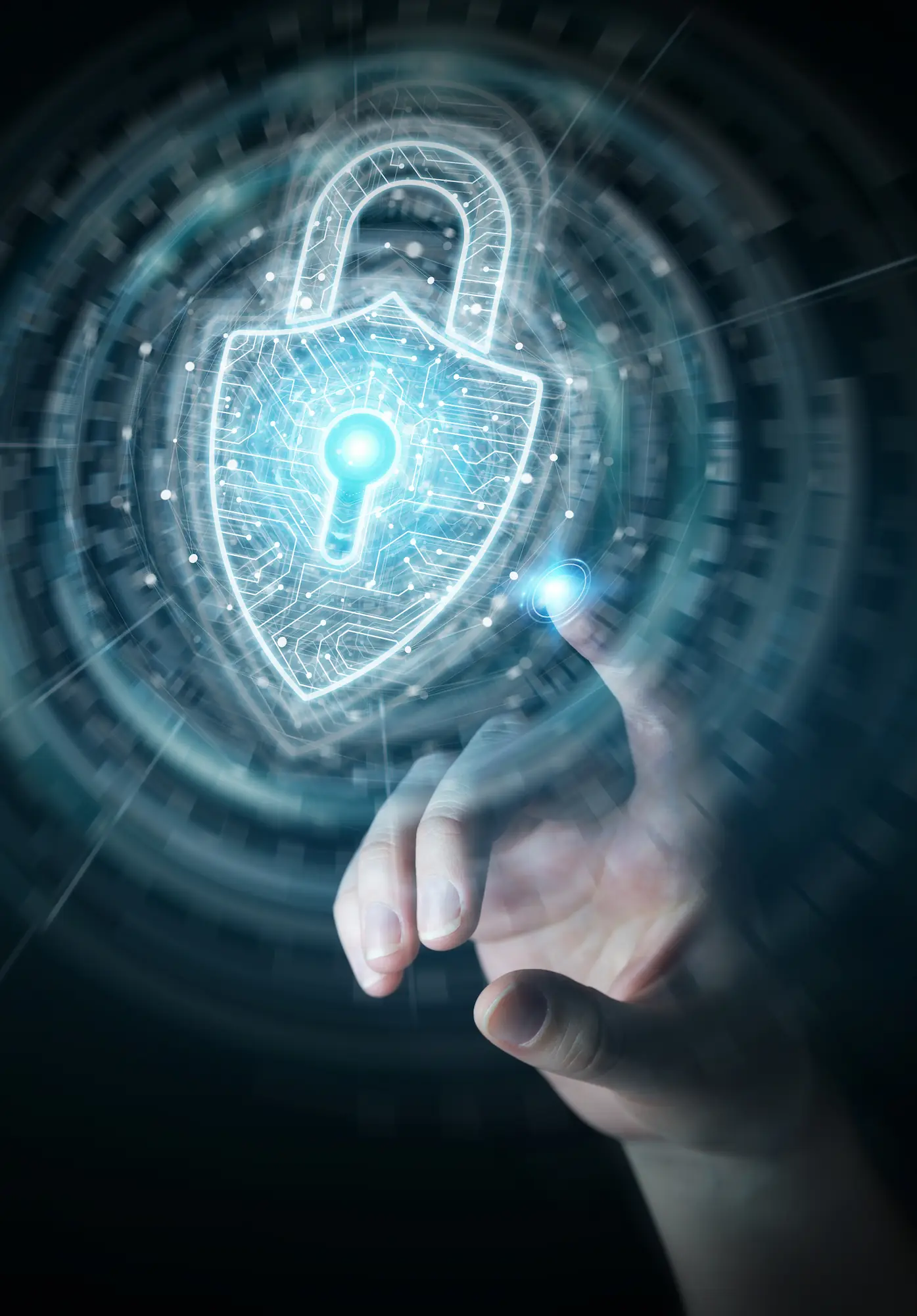 ADOBESTOCK_280722133 | Cekome Main touchant un cadenas numérique lumineux représentant la cybersécurité et la protection des données.