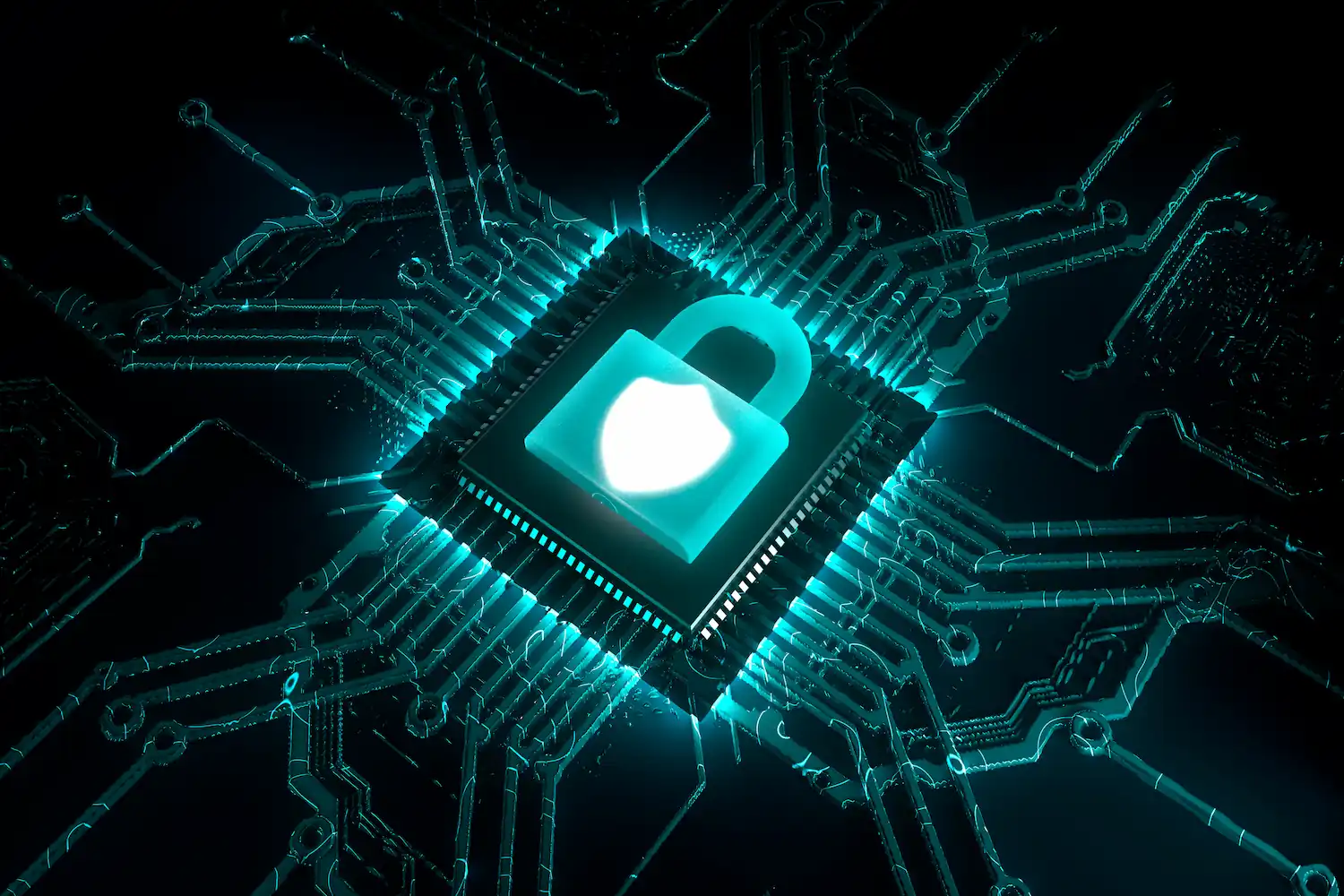Illustration d'un microprocesseur avec un cadenas lumineux représentant la cybersécurité et la protection des données.
