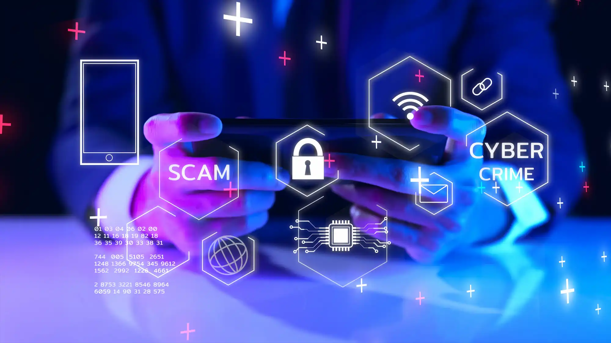 ADOBESTOCK_486887502 | Cekome Cybercriminalité et arnaques en ligne représentées par des icônes de sécurité et de fraude autour d'un utilisateur de smartphone.
