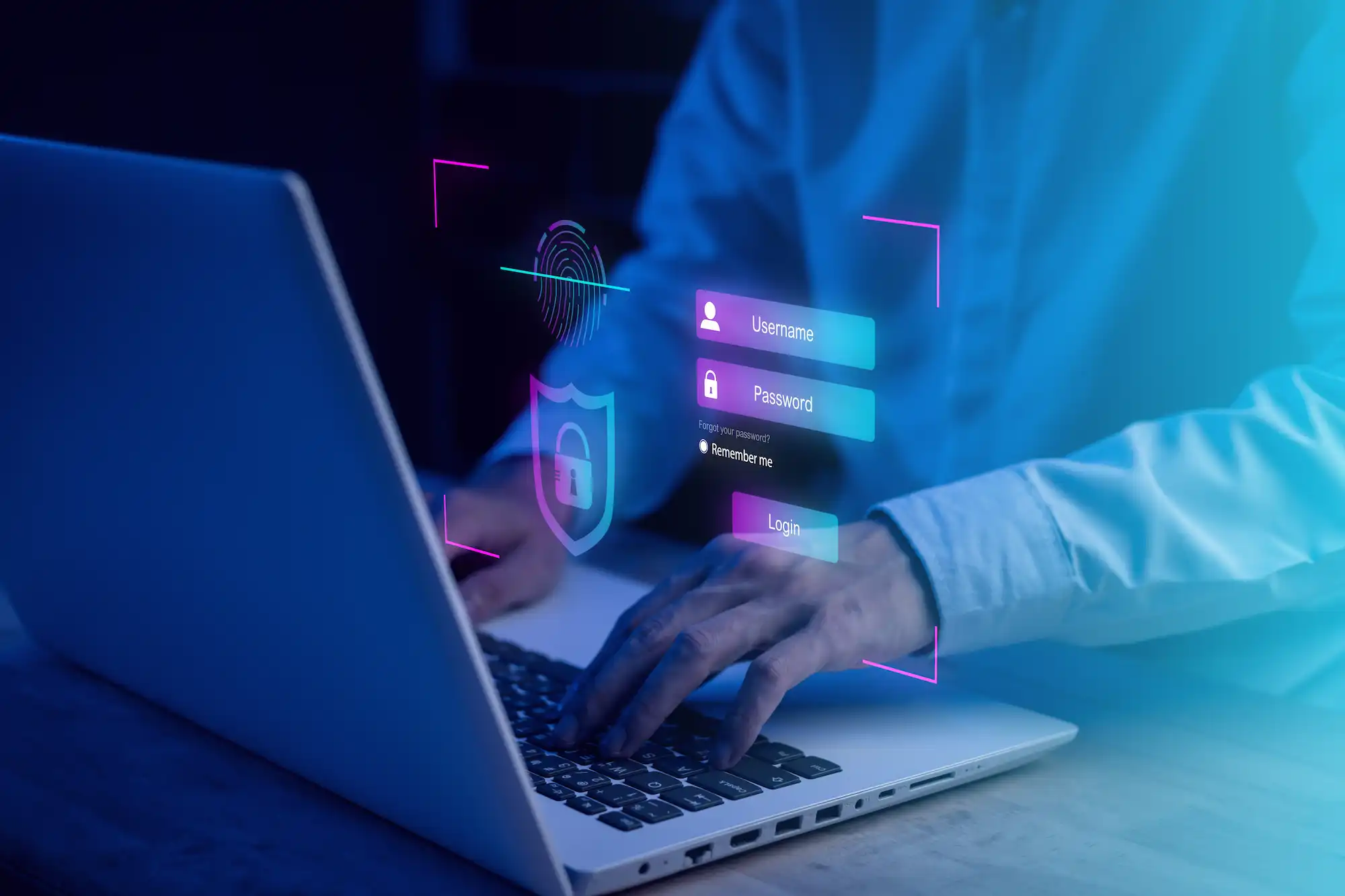 ADOBESTOCK_554665615 | Cekome Connexion sécurisée sur un ordinateur portable avec identification biométrique et protection des données affichées en hologramme.