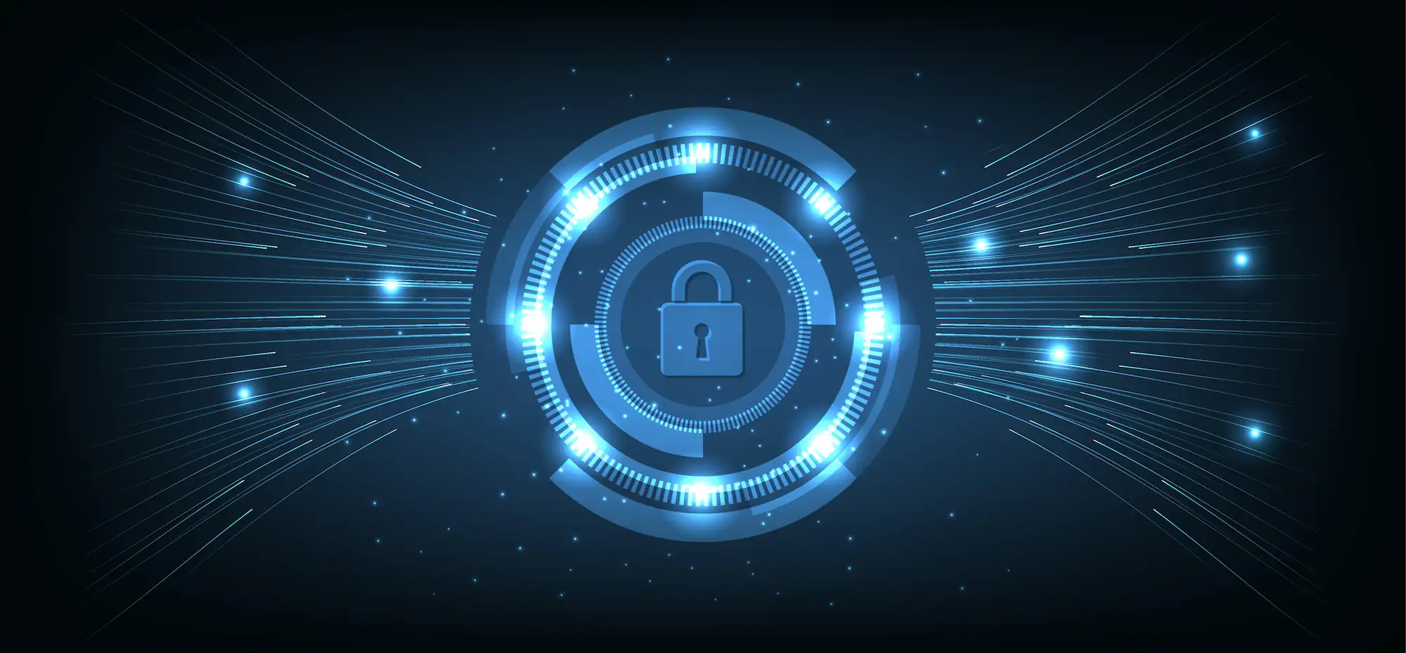 ADOBESTOCK_596260397 | Cekome Illustration futuriste d'un cadenas numérique entouré d'effets lumineux représentant la cybersécurité.