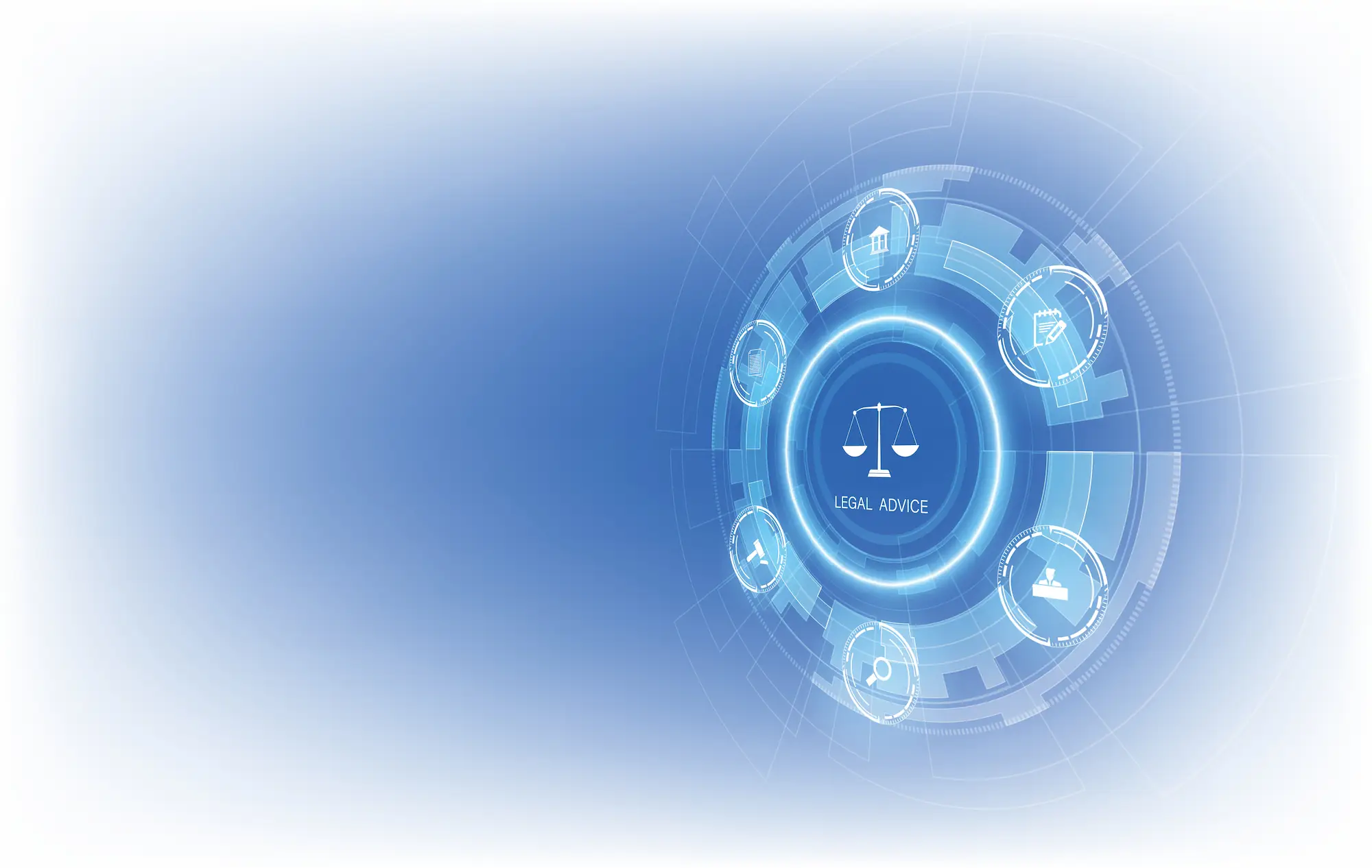 ADOBESTOCK_607475355 | Cekome Illustration futuriste de conseils juridiques avec des icônes technologiques sur fond bleu.