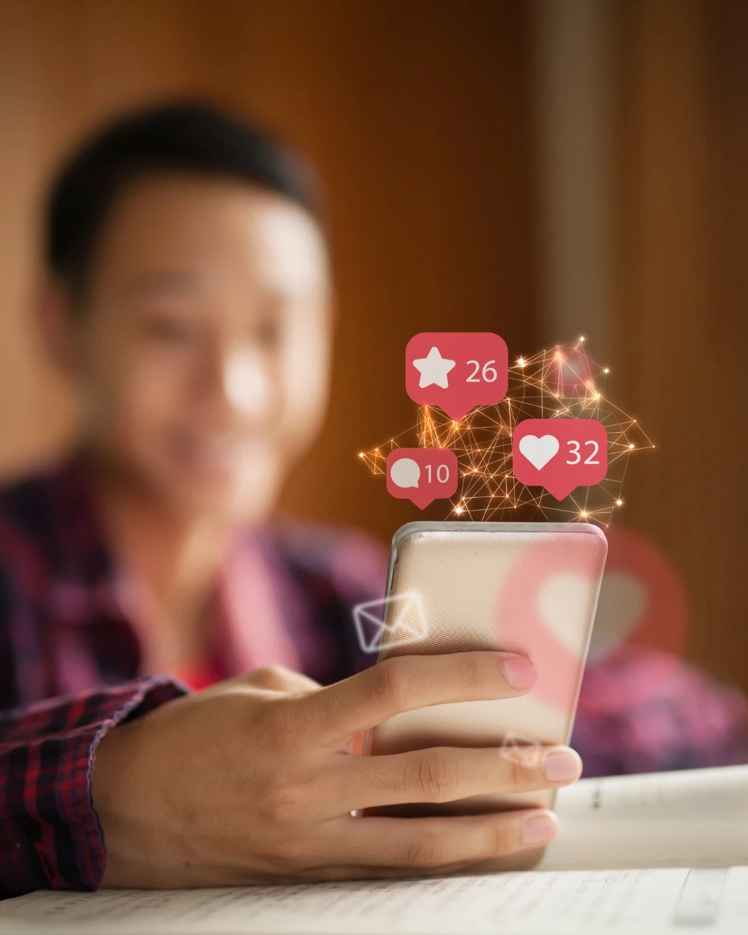 Utilisateur avec son smartphone avec des notifications de likes, commentaires et favoris en surimpression, illustrant l'engagement sur les réseaux sociaux.