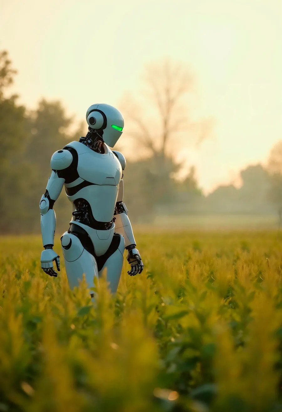 ECOLOGIE IA | Cekome Un robot humanoïde équipé d’IA marchant dans un champ verdoyant, illustrant l’harmonie entre intelligence artificielle et écologie.