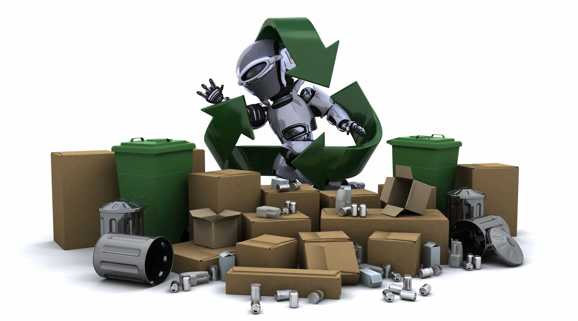 Robot futuriste entouré de déchets et de bacs de recyclage, symbolisant l'IA au service de l'écologie et du tri des déchets.