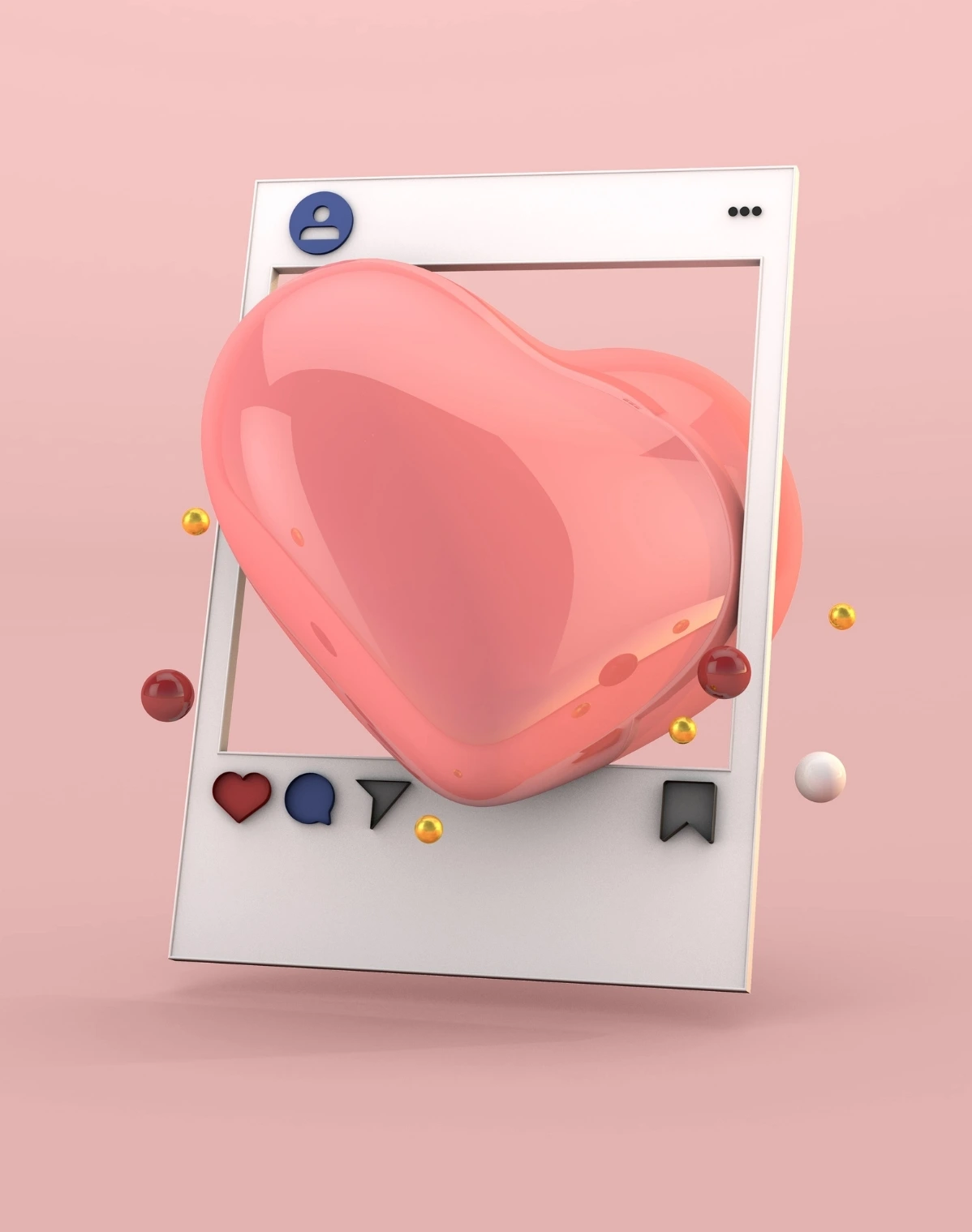 Illustration 3D d’un cadre de publication Instagram avec une icône de cœur rose gonflé en relief, symbolisant les likes et l’engagement sur les réseaux sociaux.