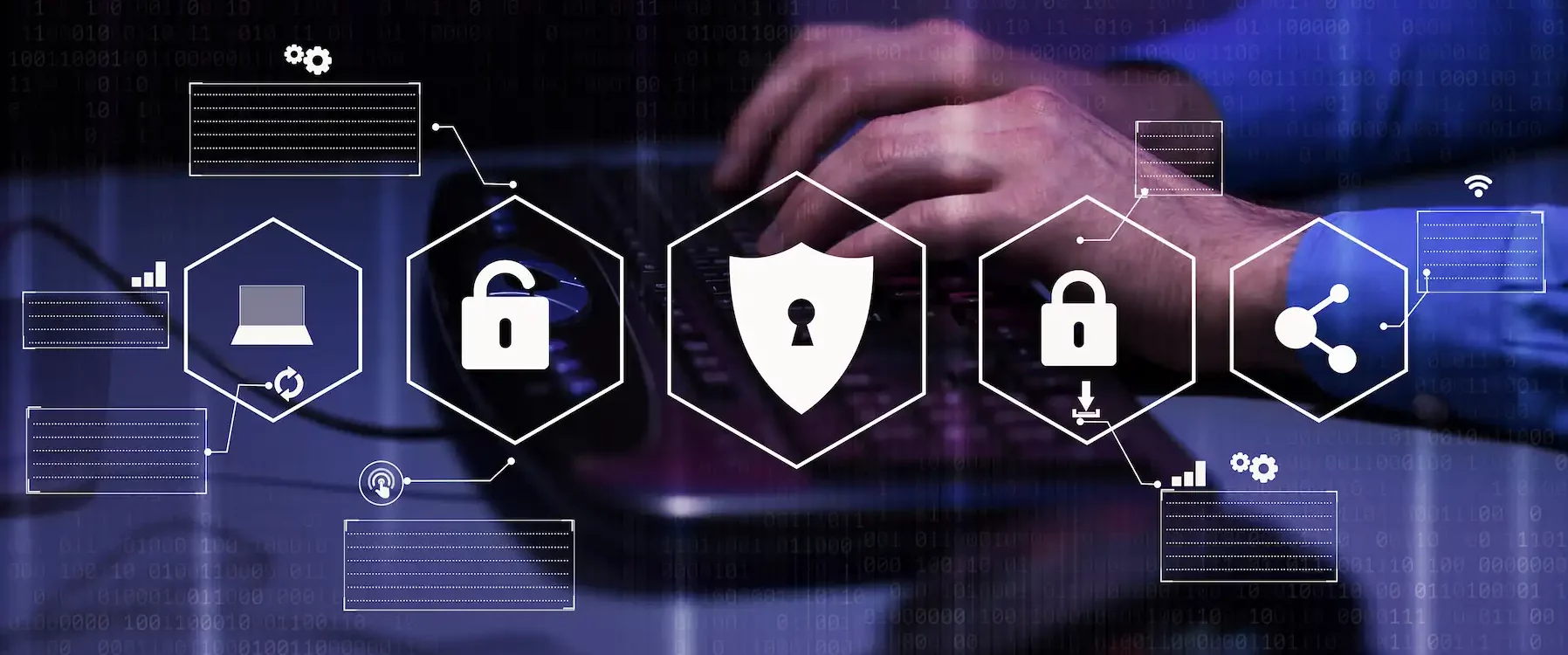 Concept de cybersécurité avec des icônes de protection des données et un utilisateur tapant sur un clavier.