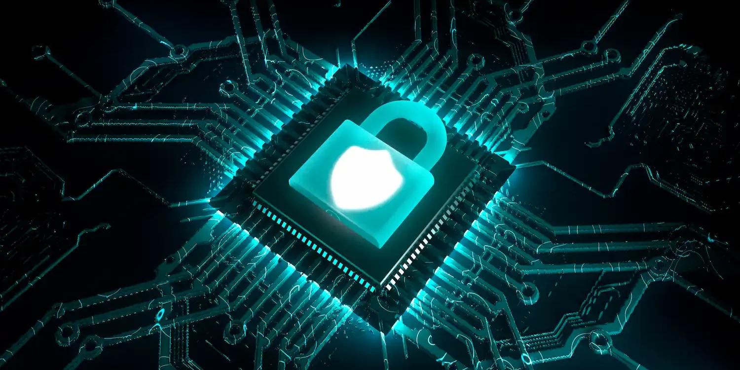 Illustration d'un microprocesseur avec un cadenas lumineux représentant la cybersécurité et la protection des données.