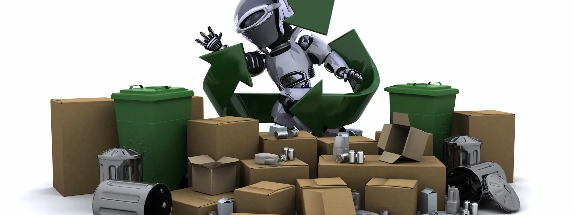 Robot futuriste entouré de déchets et de bacs de recyclage, symbolisant l'IA au service de l'écologie et du tri des déchets.