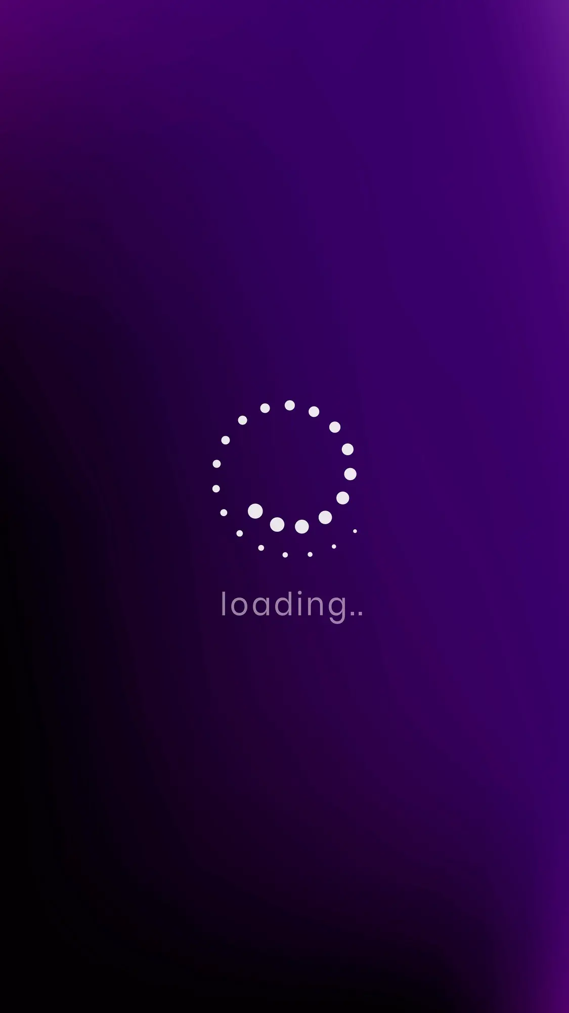 Écran violet avec une animation de chargement et le texte "loading..."
