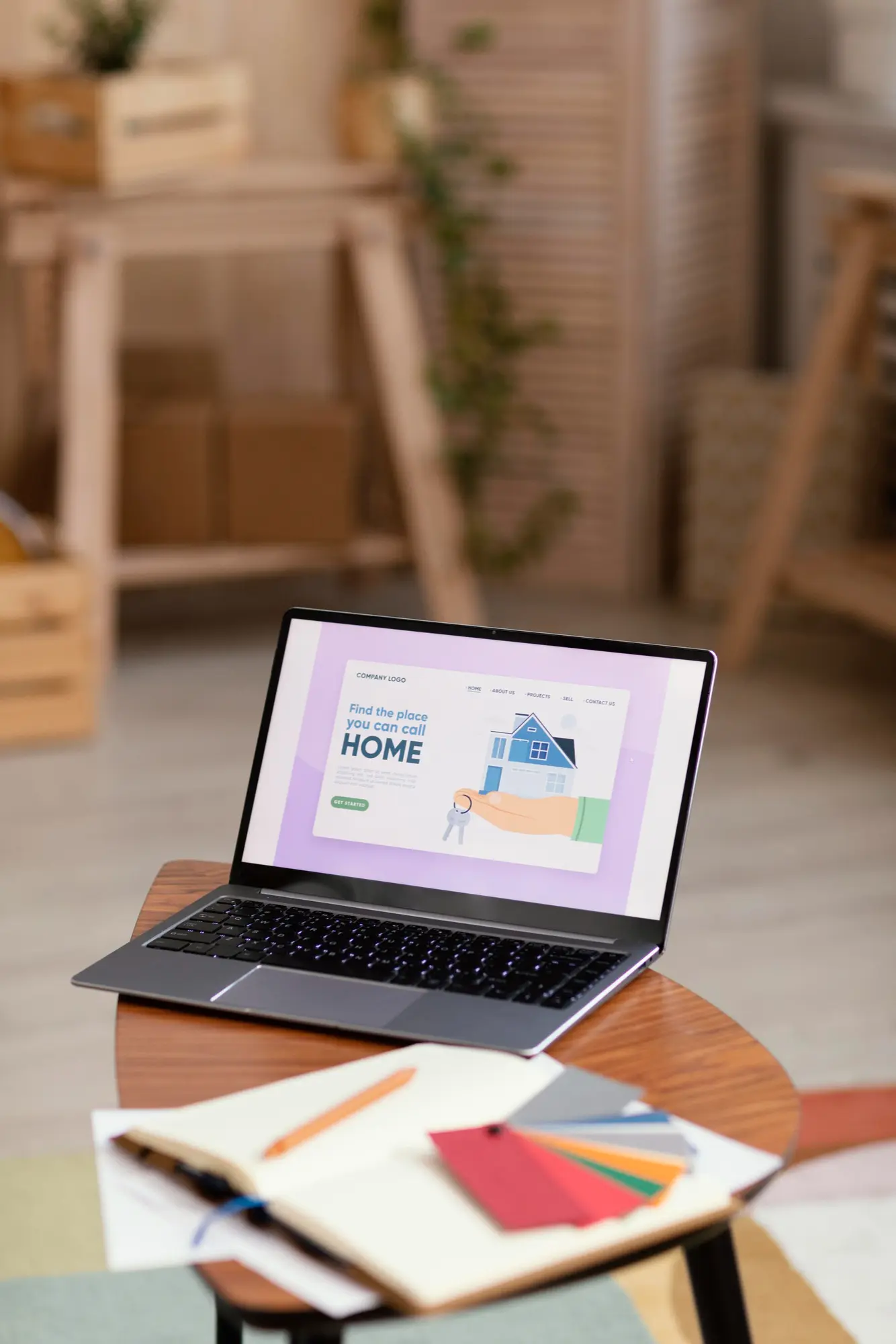2148814356 | Cekome Ordinateur portable affichant un site immobilier sur une table avec des carnets et des échantillons de couleurs.