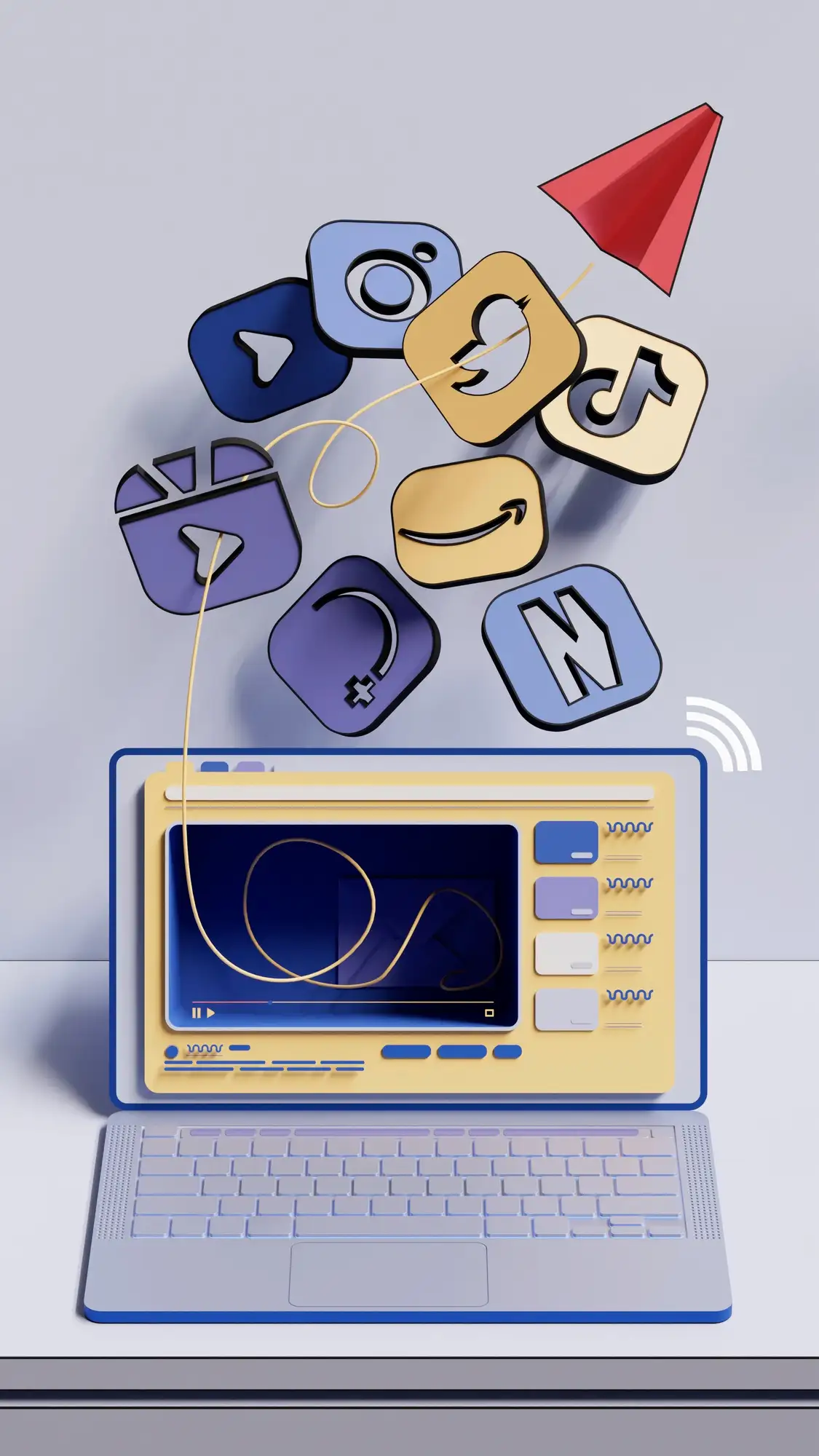 2150781051 | Cekome Illustration artistique d'un ordinateur portable connecté aux réseaux sociaux avec des icônes flottantes.