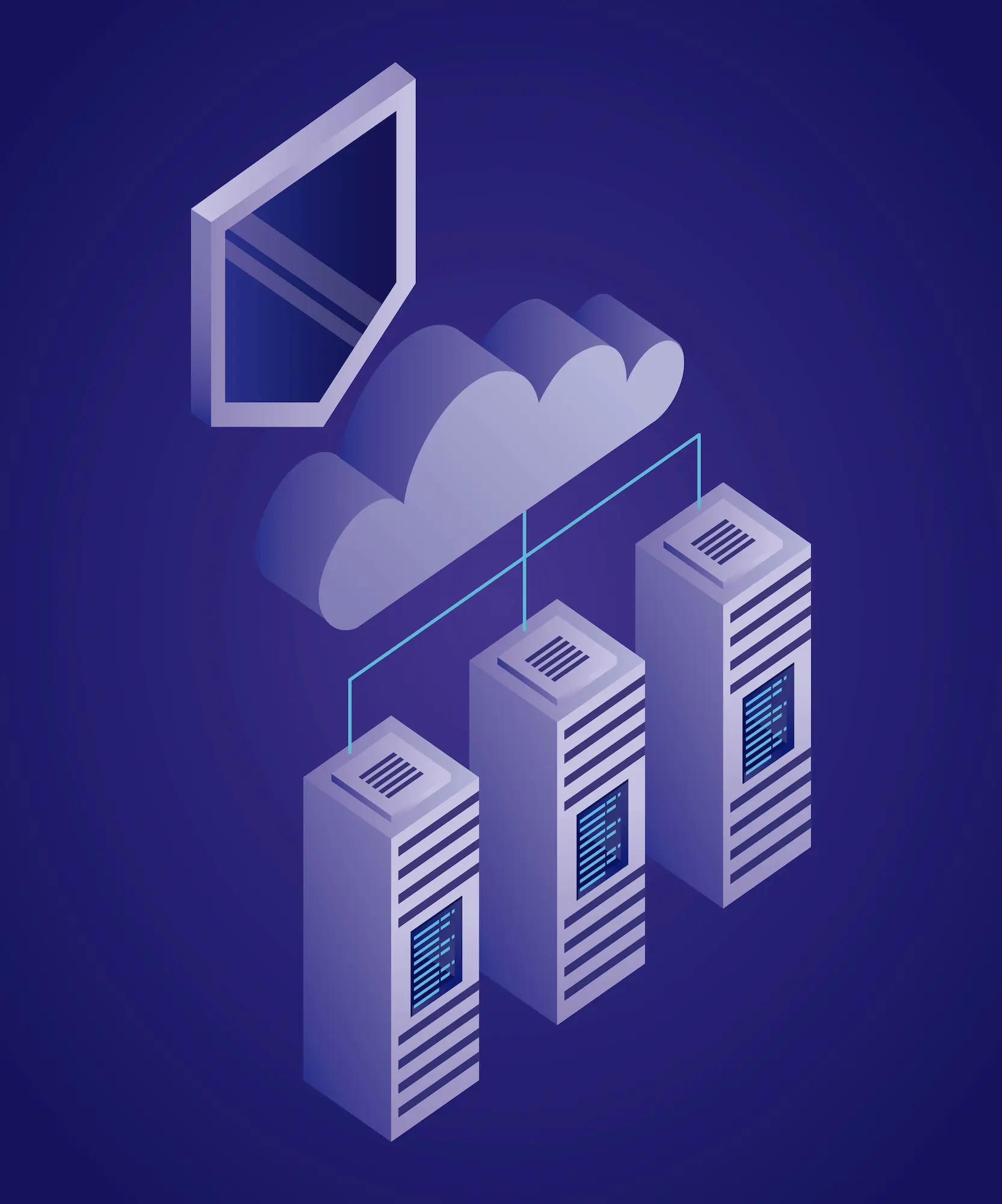 5665276_57791 | Cekome Illustration isométrique de l'hébergement cloud avec des serveurs connectés et une protection réseau.