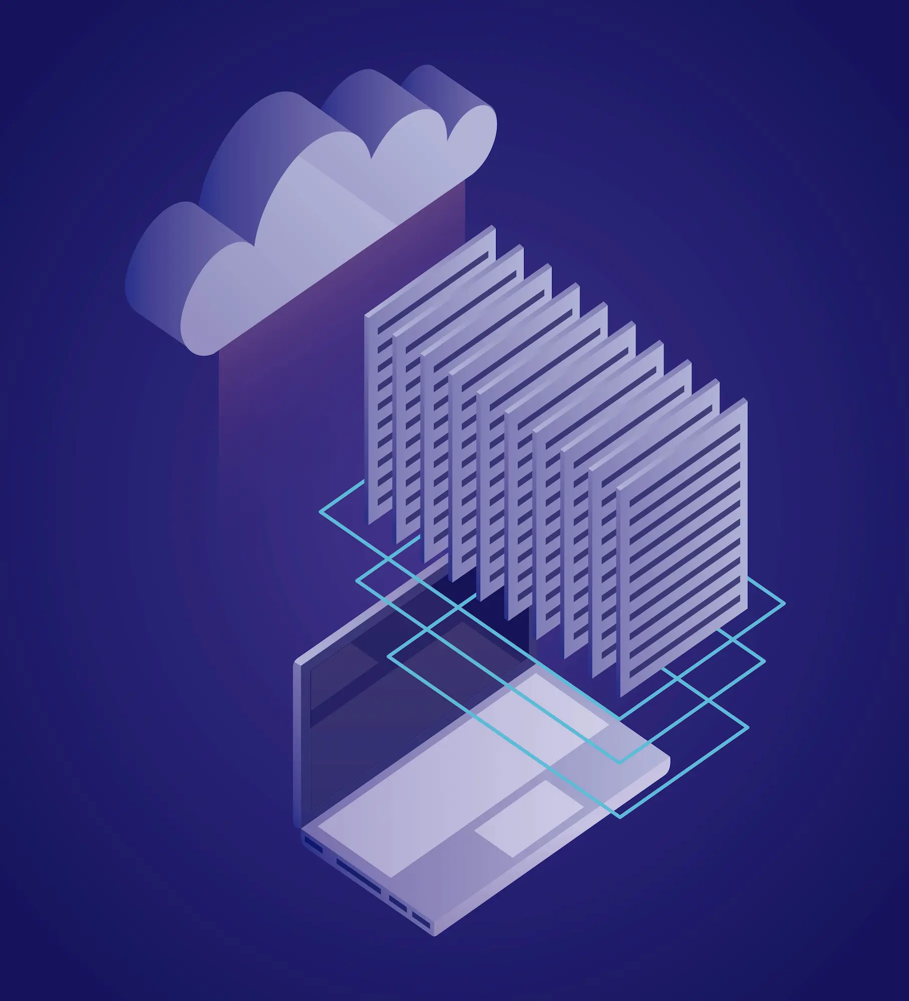 57788 | Cekome Illustration isométrique du cloud computing avec un ordinateur portable et des fichiers stockés en ligne.