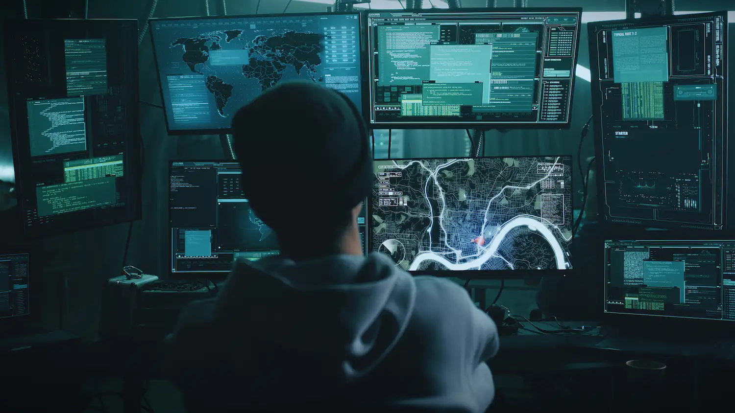 ADOBESTOCK_486766694 | Cekome Hacker en hoodie devant plusieurs écrans d’ordinateur avec cartes, codes et données de cybersécurité affichés.