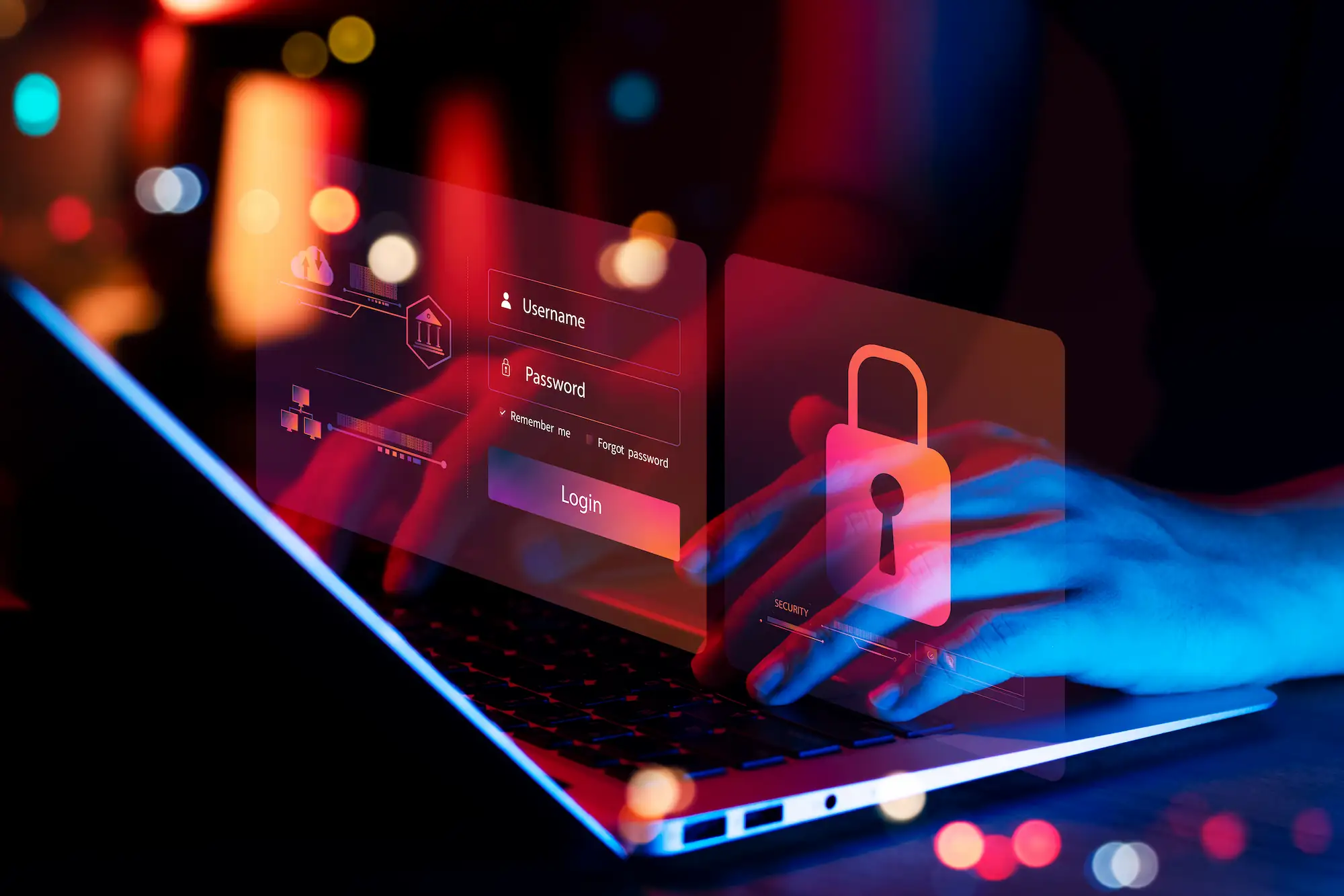 ADOBESTOCK_496097060 | Cekome Connexion sécurisée sur ordinateur portable avec interface de saisie d’identifiants et icône de cadenas.