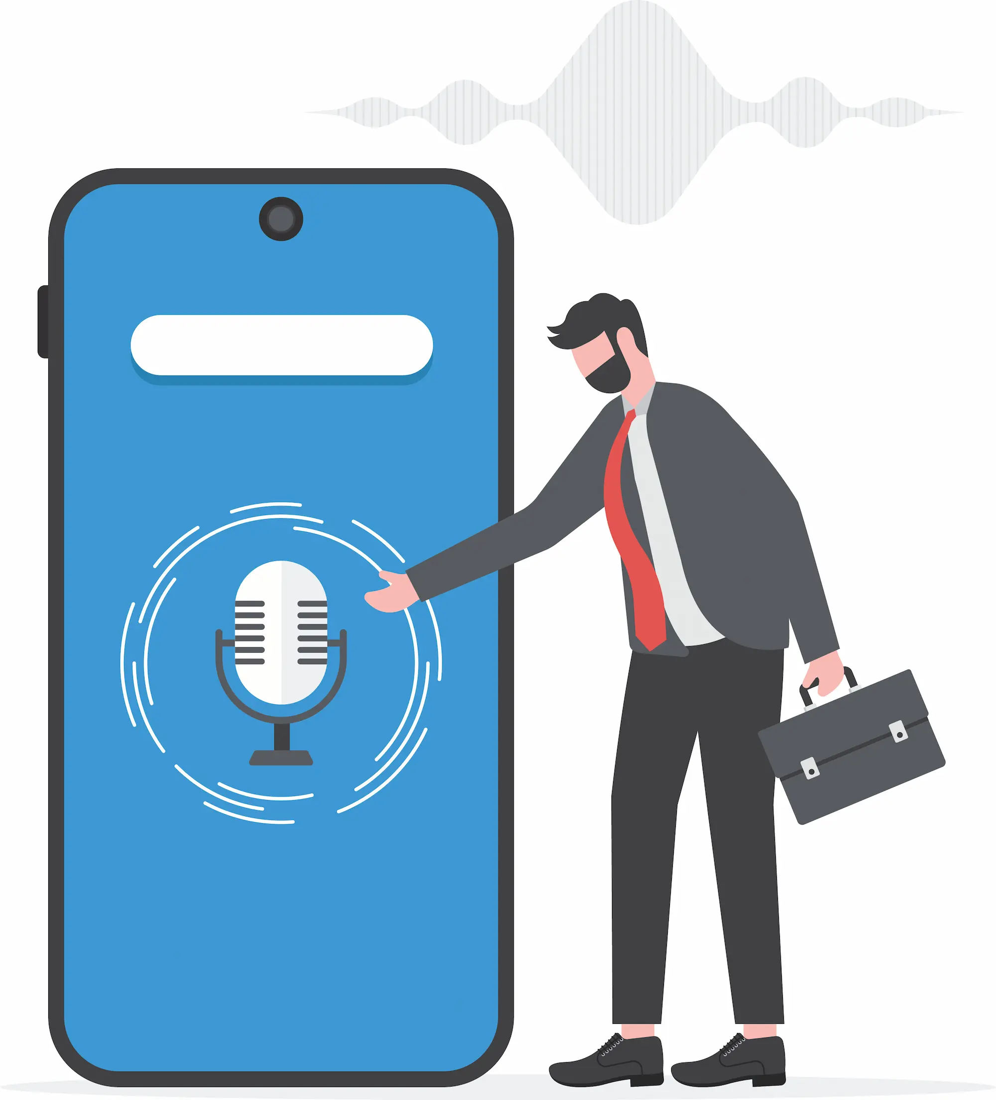 ADOBESTOCK_738526256 | Cekome Illustration d'un homme en costume interagissant avec une grande icône de microphone sur un smartphone