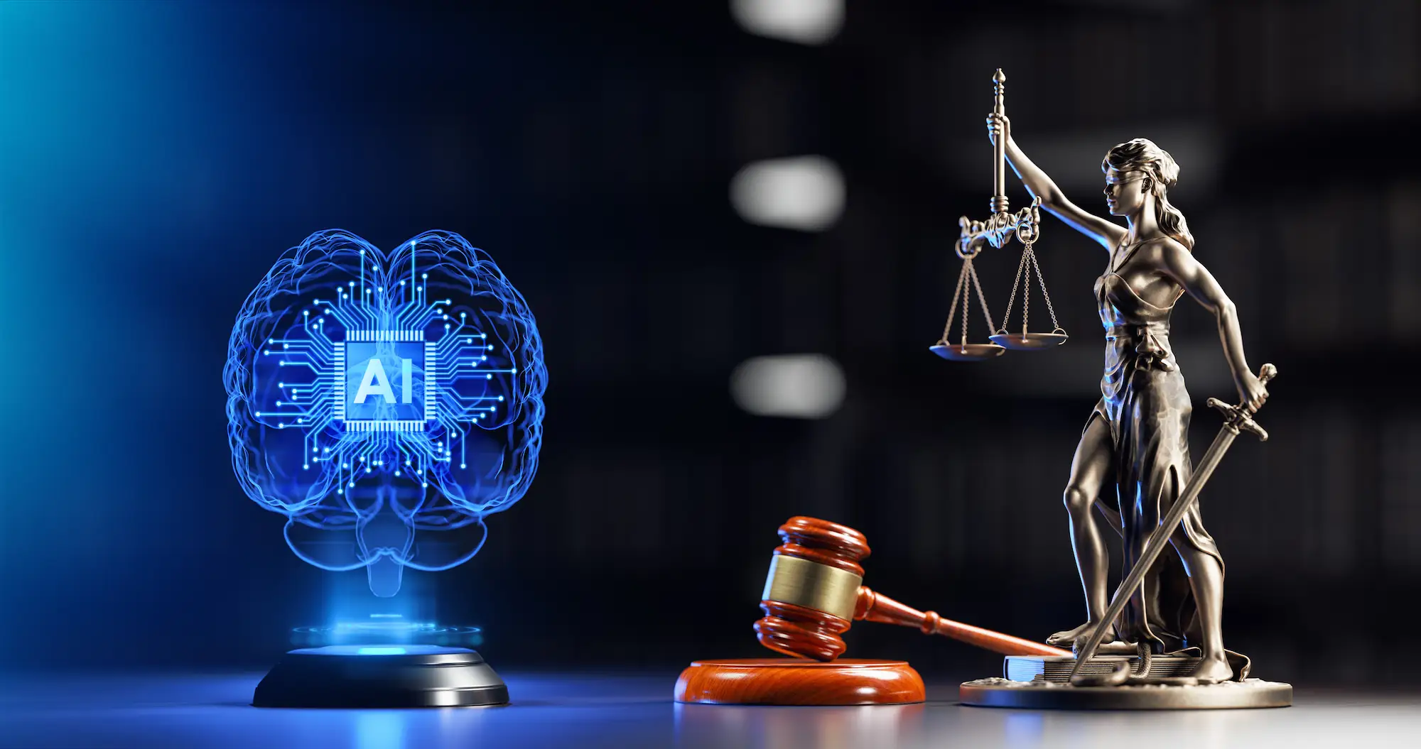 Illustration de l'intelligence artificielle et de la justice avec un cerveau numérique marqué "AI", une balance de la justice et un marteau de juge.