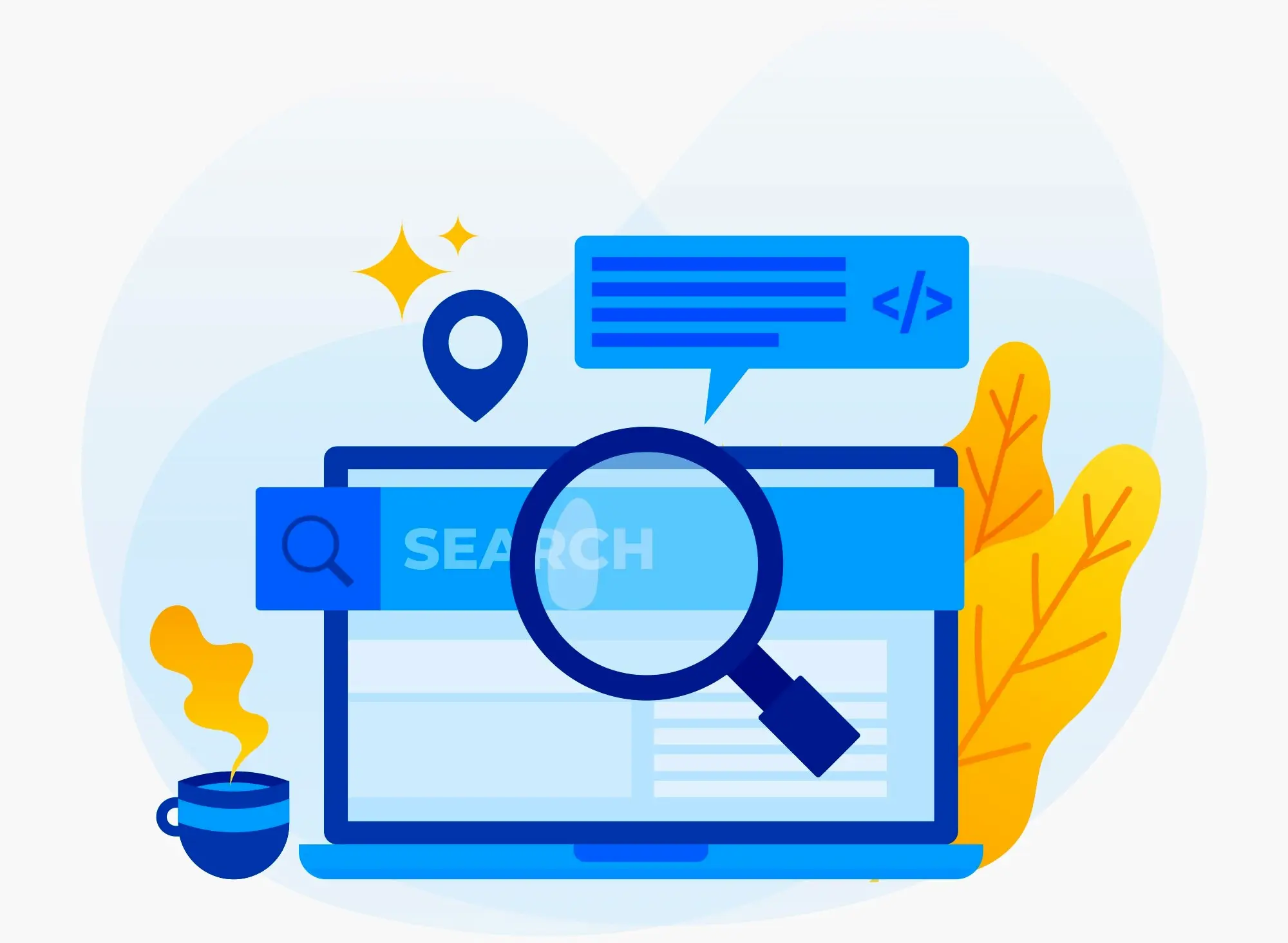 Illustration du référencement SEO avec un moteur de recherche, une loupe et des éléments de code.