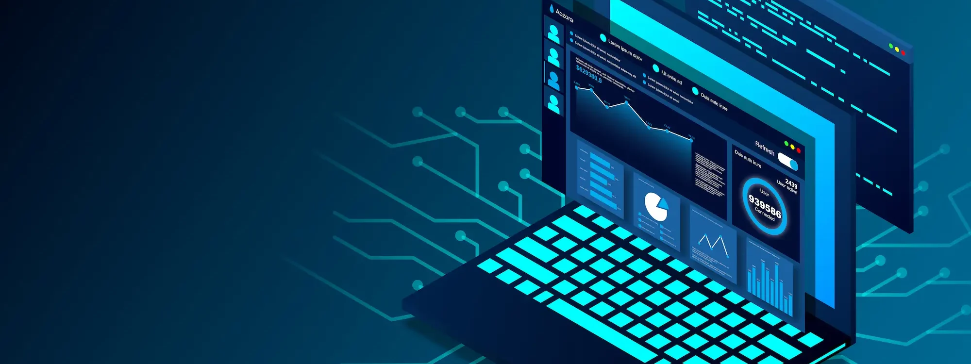 Ordinateur portable avec des écrans virtuels de données analytiques sur fond technologique
