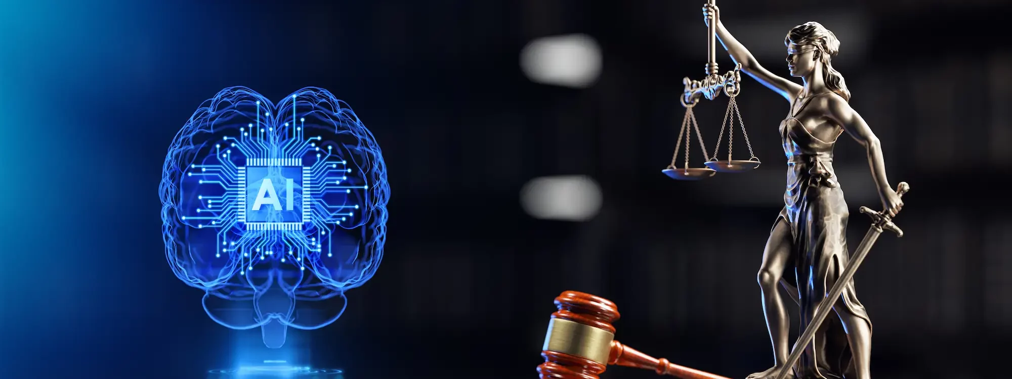 Illustration de l'intelligence artificielle et de la justice avec un cerveau numérique marqué "AI", une balance de la justice et un marteau de juge.