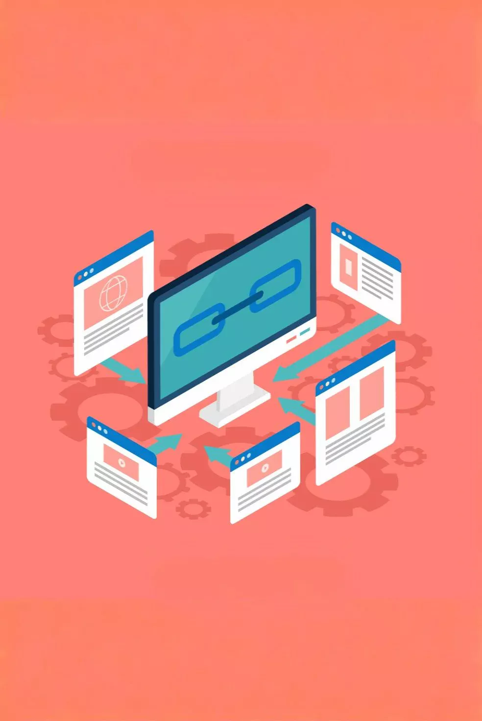 FREEPIK__RETOUCH__69073 | Cekome Illustration du netlinking avec un ordinateur et des pages web interconnectées.