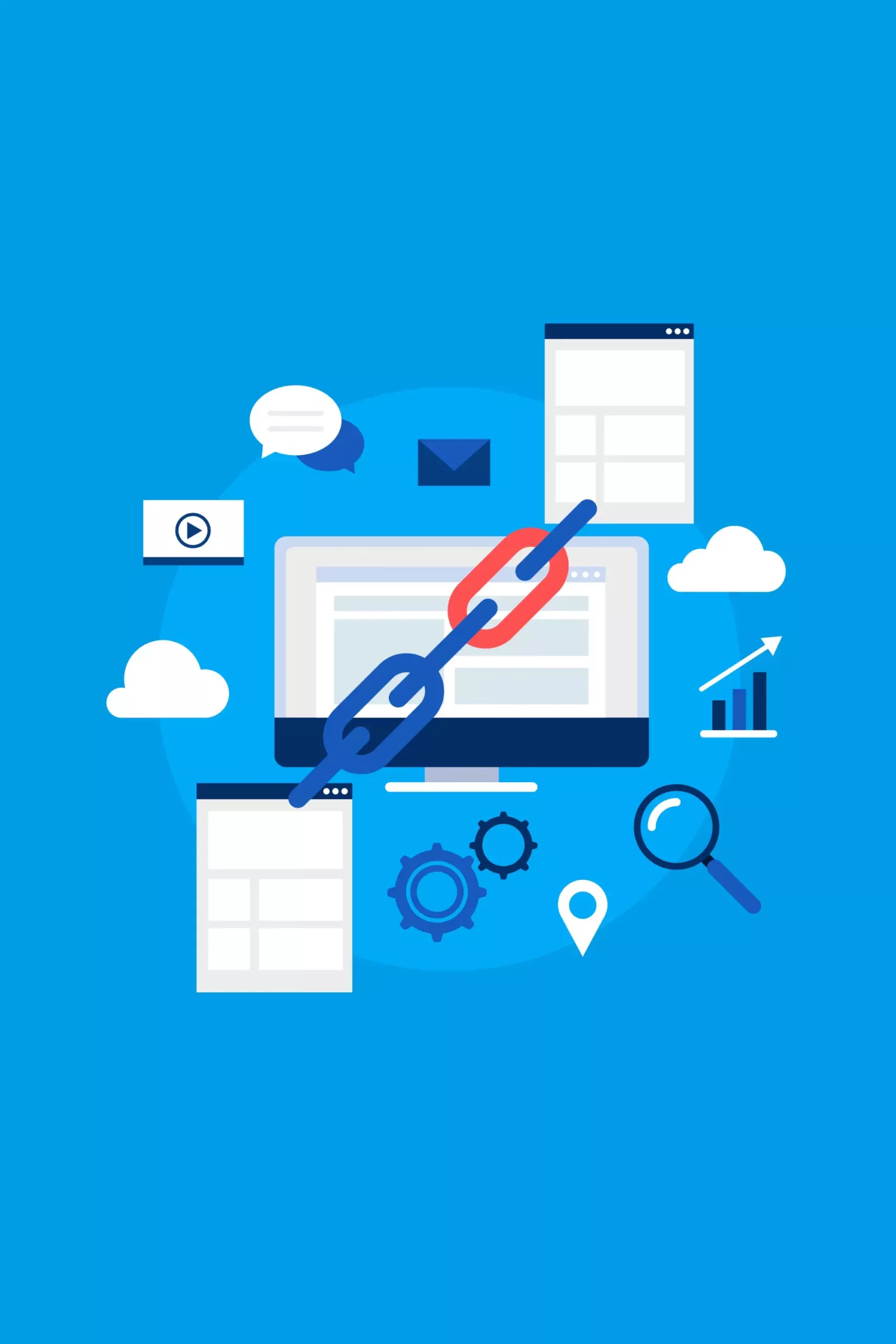 NETLINKING SCALED | Cekome Illustration du netlinking avec un ordinateur, des liens et des éléments de SEO sur fond bleu.