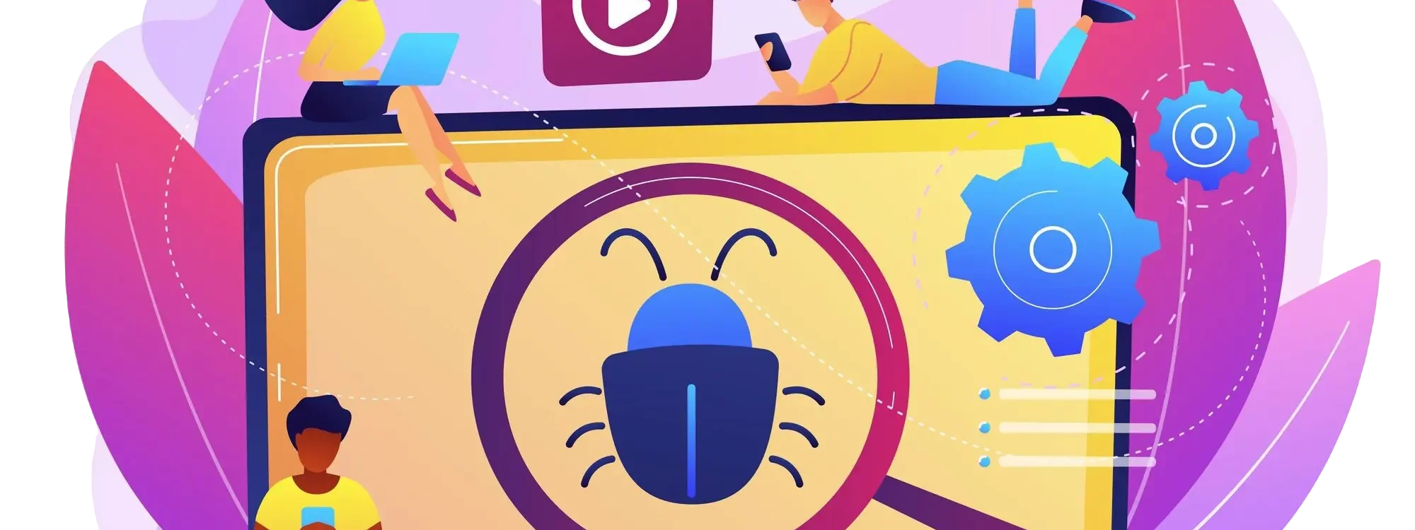 Illustration d'une loupe sur un bug informatique entouré de personnes utilisant des appareils