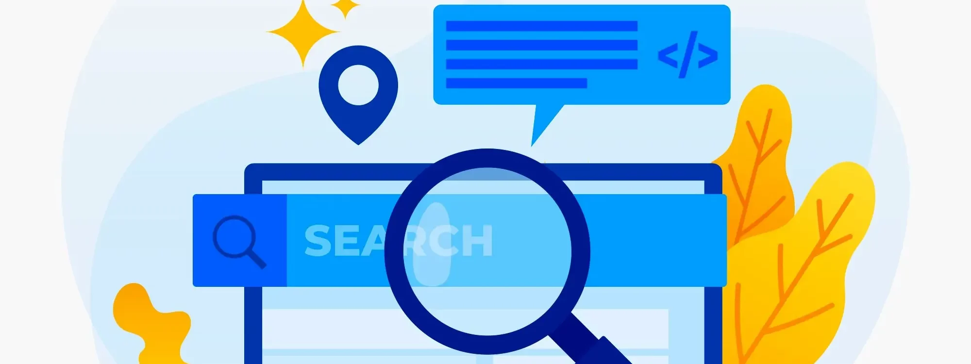 Illustration du référencement SEO avec un moteur de recherche, une loupe et des éléments de code.