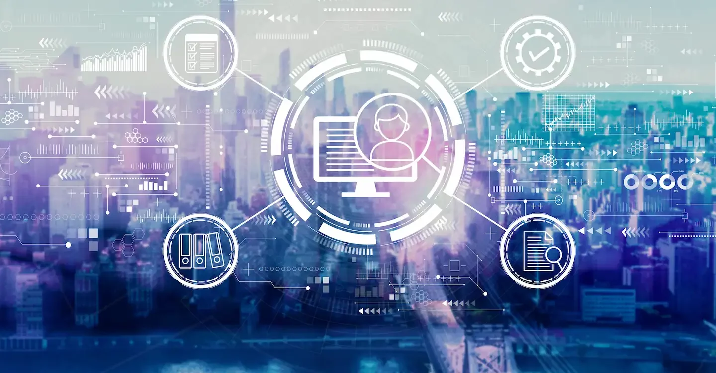 Illustration de donn&eacute;es num&eacute;riques et d'ic&ocirc;nes technologiques sur un fond de ville moderne