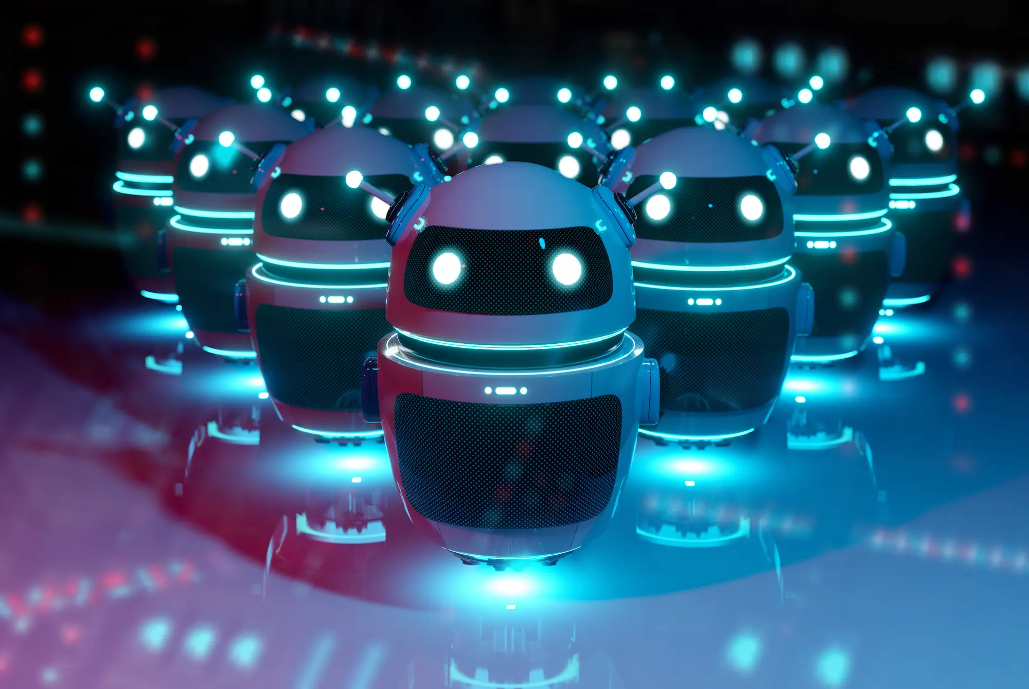 Groupe de robots lumineux avec un design futuriste dans un environnement sombre.