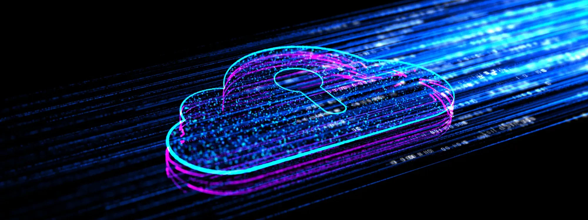 ADOBESTOCK_422721451 2000X750 | Cekome Représentation numérique d'un cloud sécurisé avec un cadenas intégré et des flux de données lumineux