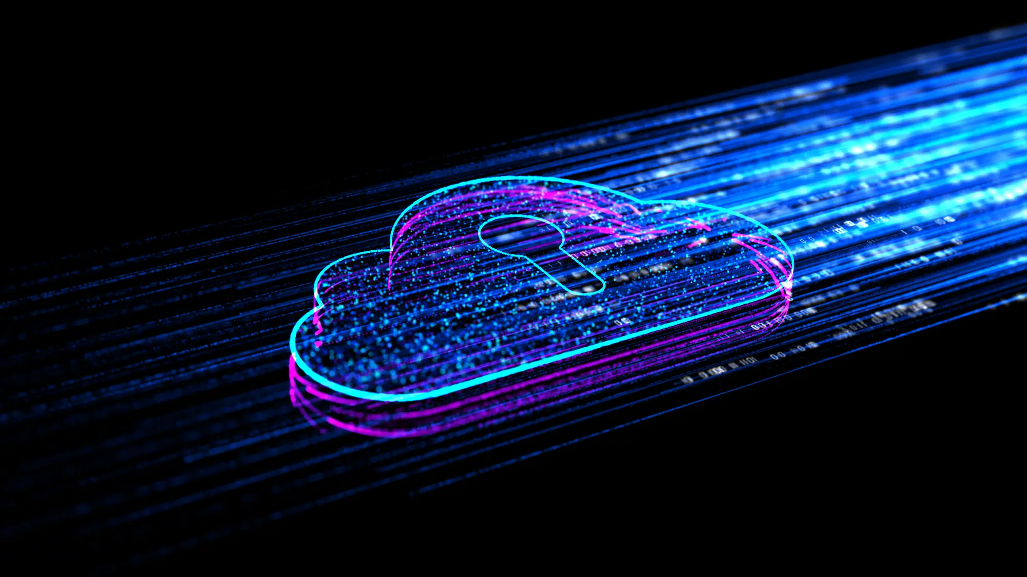 Représentation numérique d'un cloud sécurisé avec un cadenas intégré et des flux de données lumineux