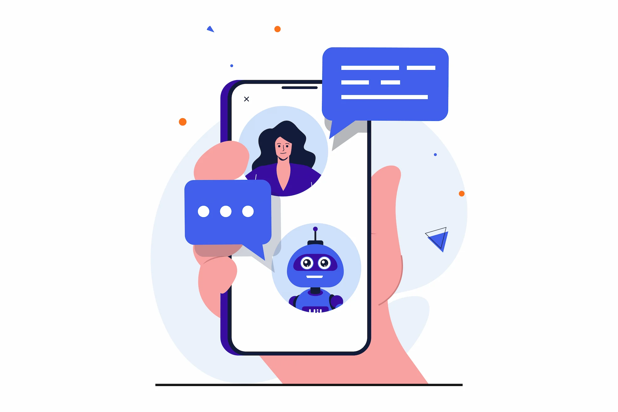 Illustration d'une main tenant un smartphone affichant une conversation entre une femme et un chatbot.