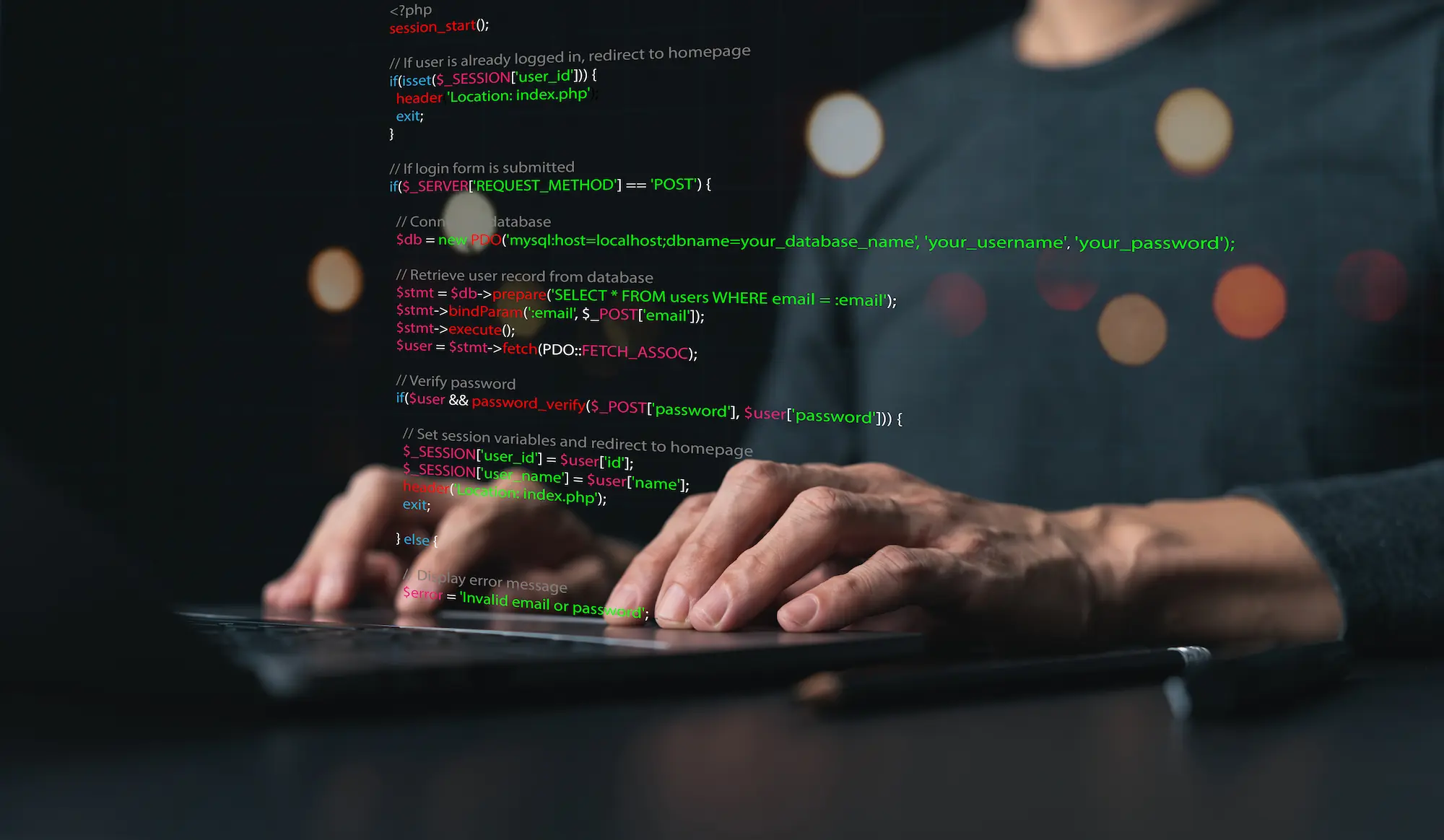 ADOBESTOCK_649621323 | Cekome Programmeur tapant du code sur un ordinateur portable, avec du texte de programmation affiché en surimpression.