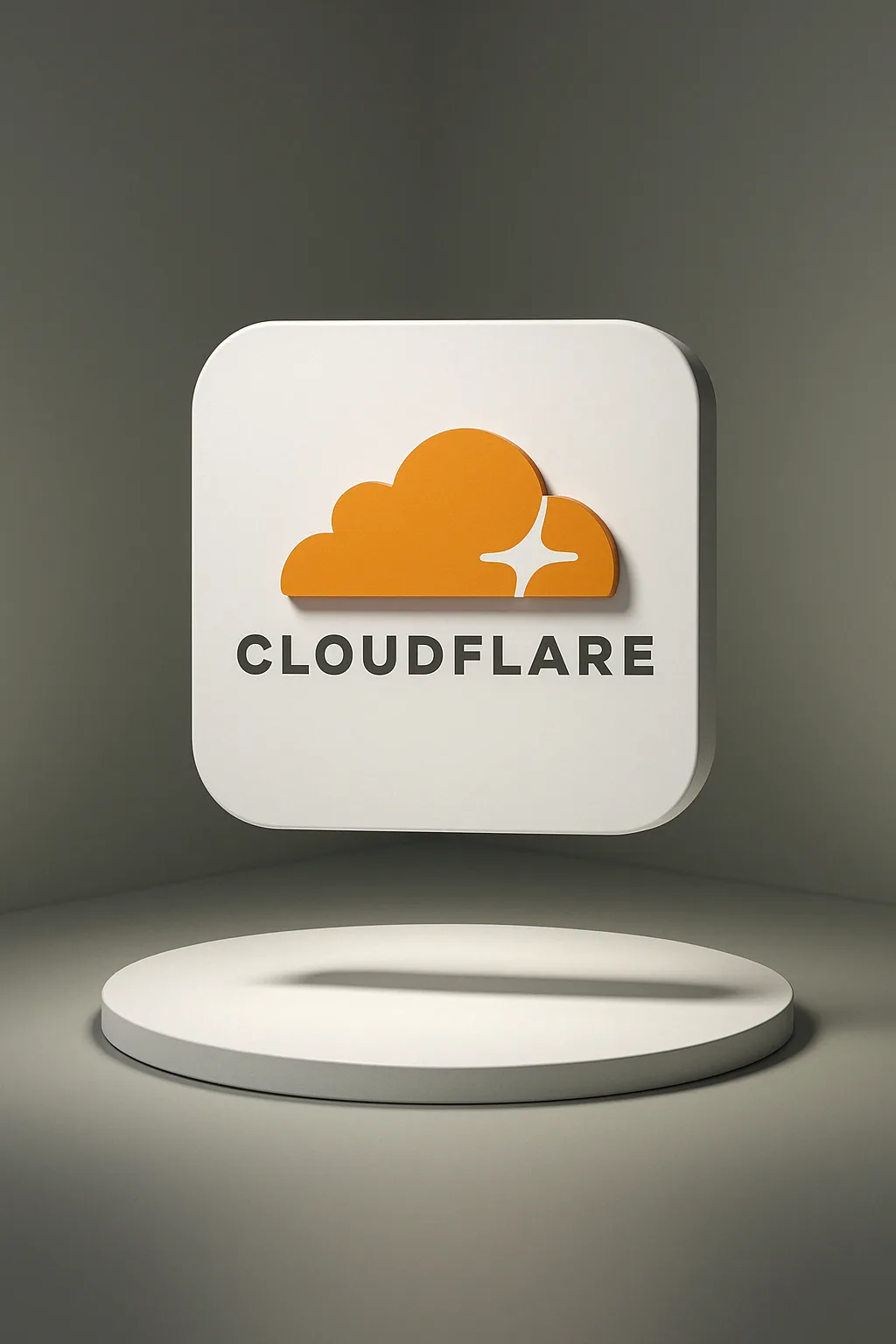 Logo 3D de Cloudflare en orange et blanc sur fond gris, symbolisant l’hébergement sécurisé et les technologies web
