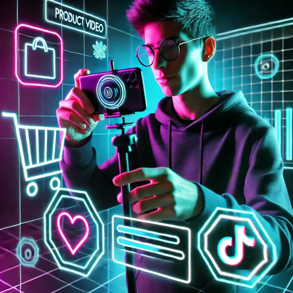 VIDEO TIKTOK 1 | Cekome Créateur de contenu filmant avec un smartphone entouré d’icônes numériques TikTok et e-commerce en style néon.
