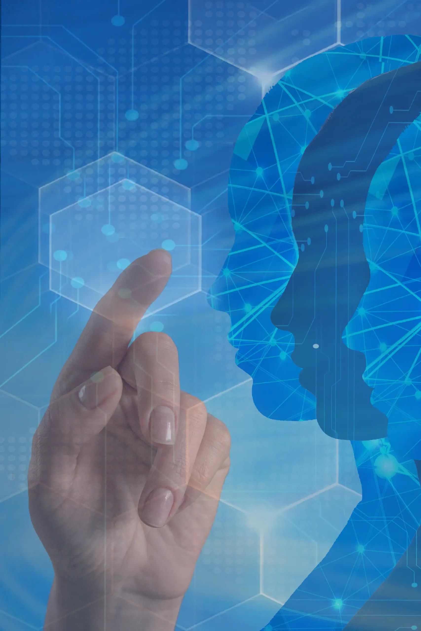 Main pointant vers une interface virtuelle avec des silhouettes de têtes et des connexions numériques en arrière-plan.