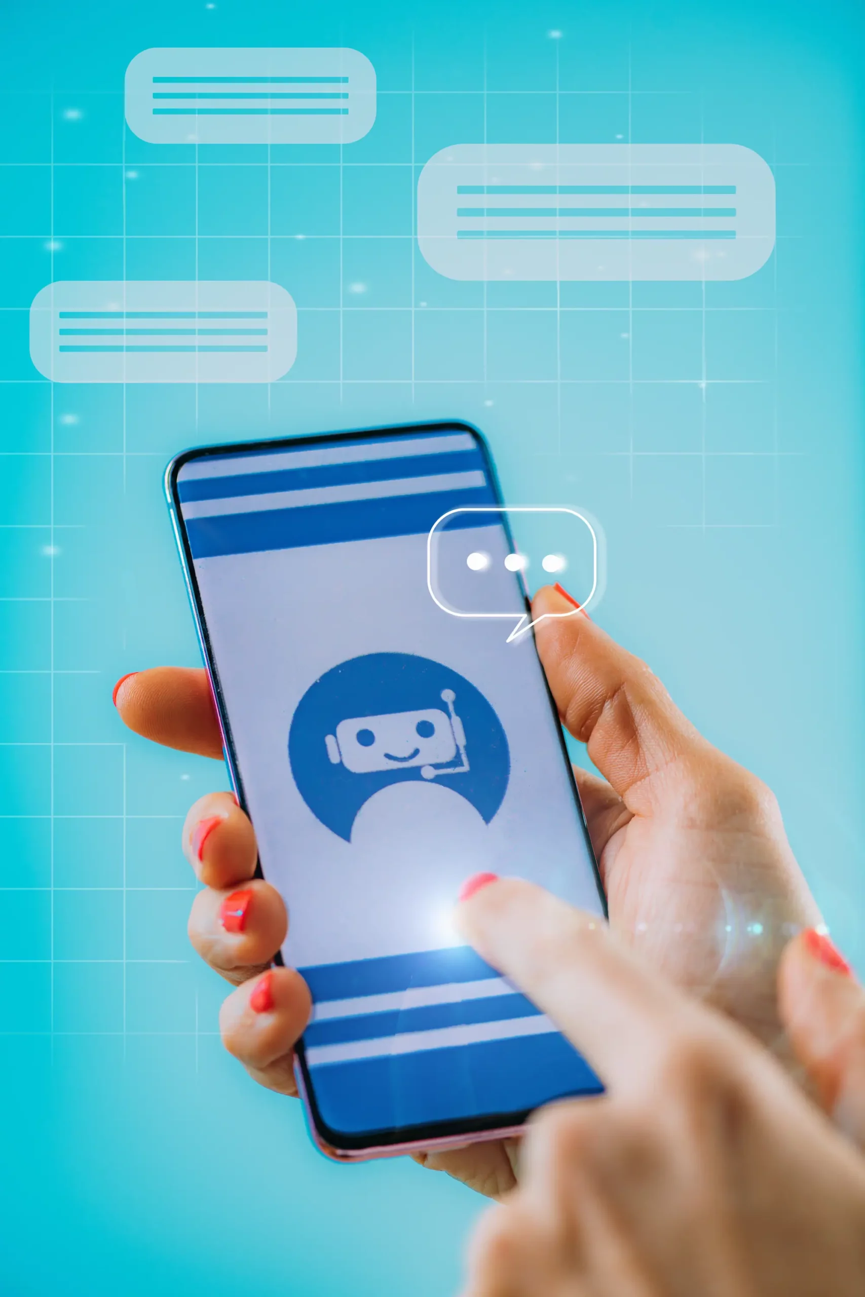 Main tenant un smartphone affichant un chatbot avec des bulles de dialogue flottantes sur fond bleu.