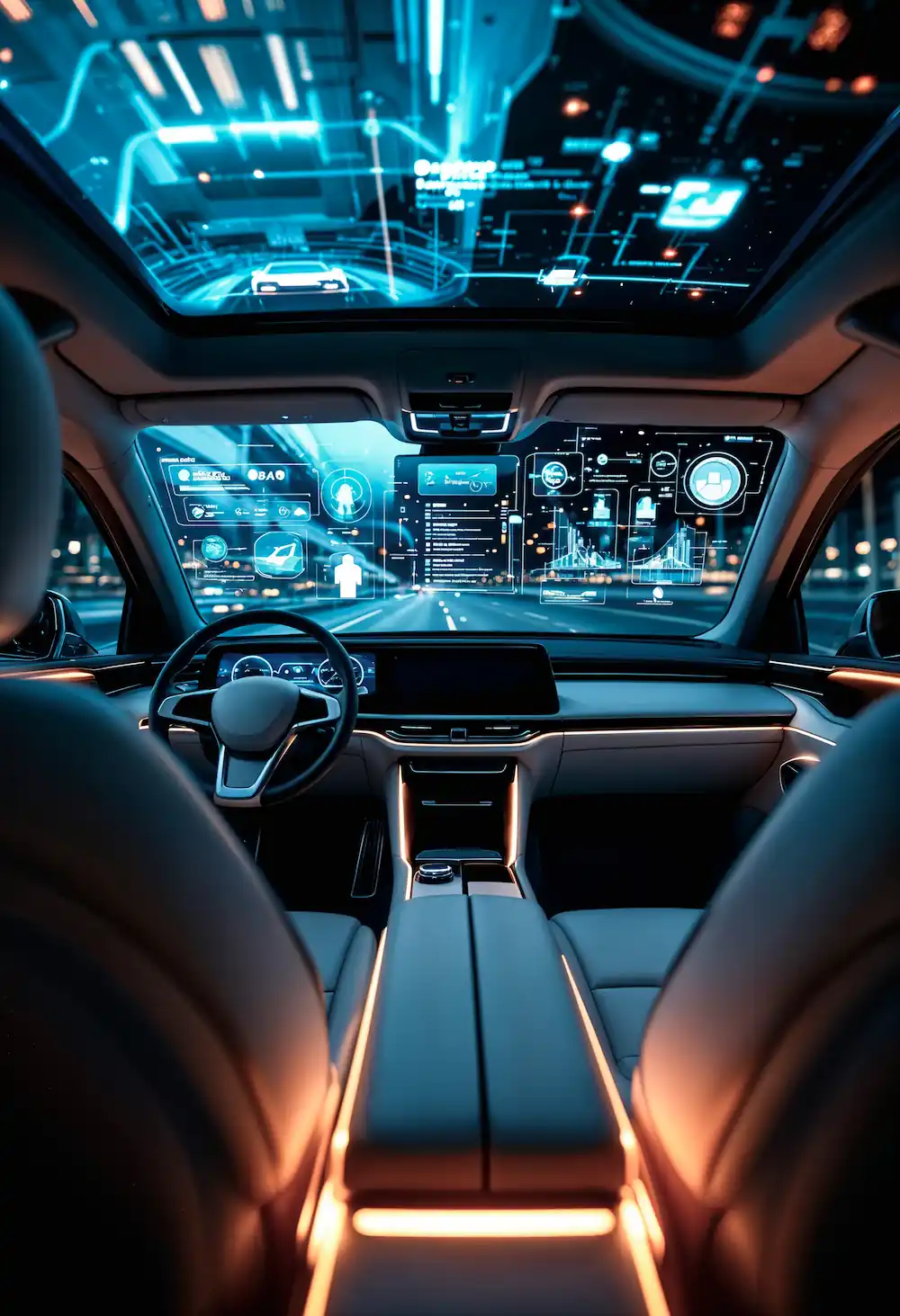 3D RENDERING FUTURISTIC TECHNOLOGIES | Cekome Intérieur futuriste d'une voiture autonome avec affichage en réalité augmentée et interface numérique avancée.