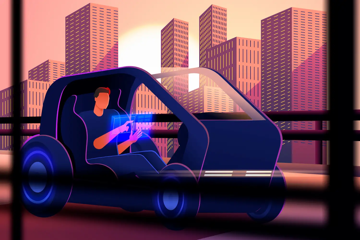 Illustration futuriste d'une voiture autonome avec un conducteur utilisant une interface holographique en pleine ville.