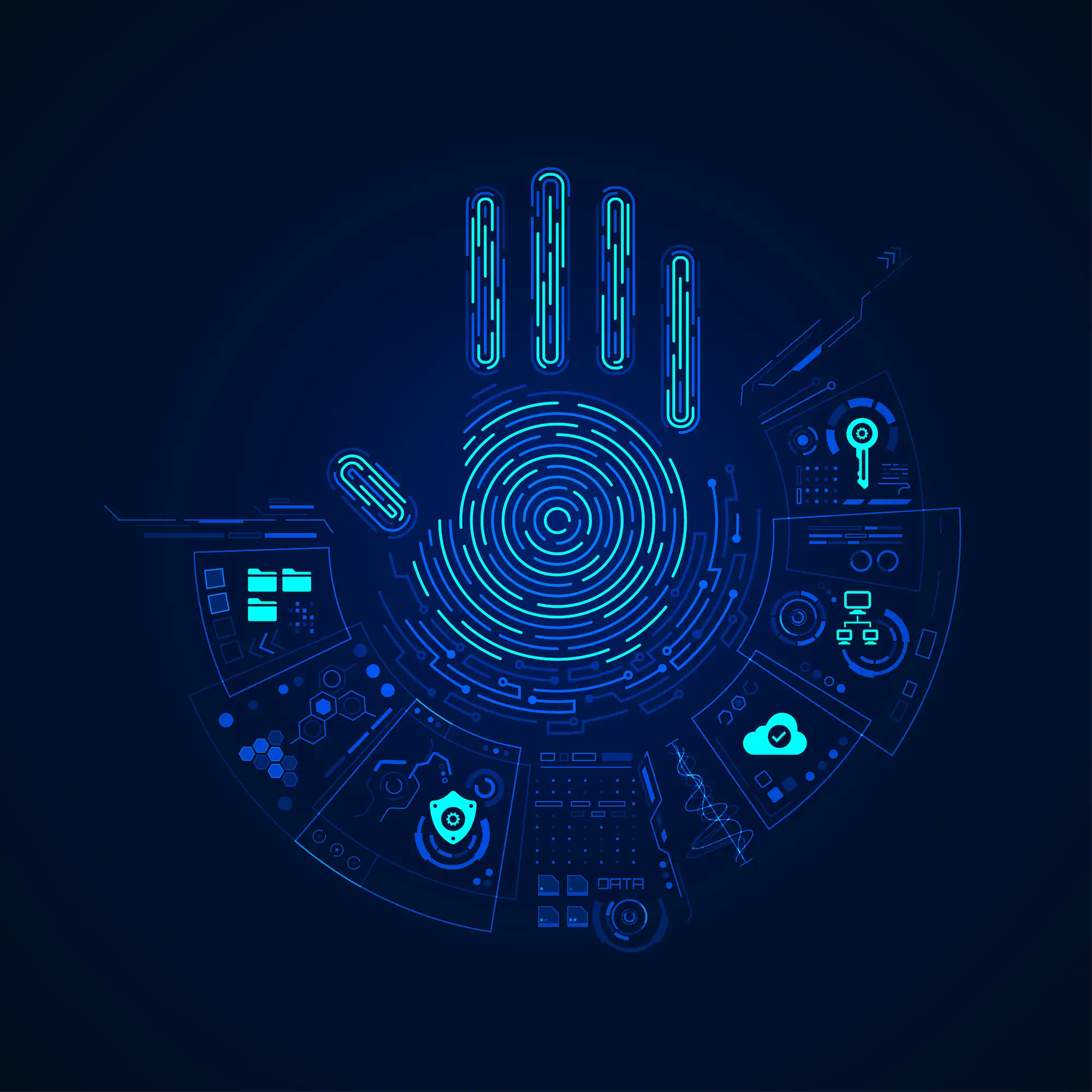 ADOBESTOCK_241261974 | Cekome Illustration numérique d'une empreinte digitale en forme de main, symbolisant l'authentification biométrique et la cybersécurité.