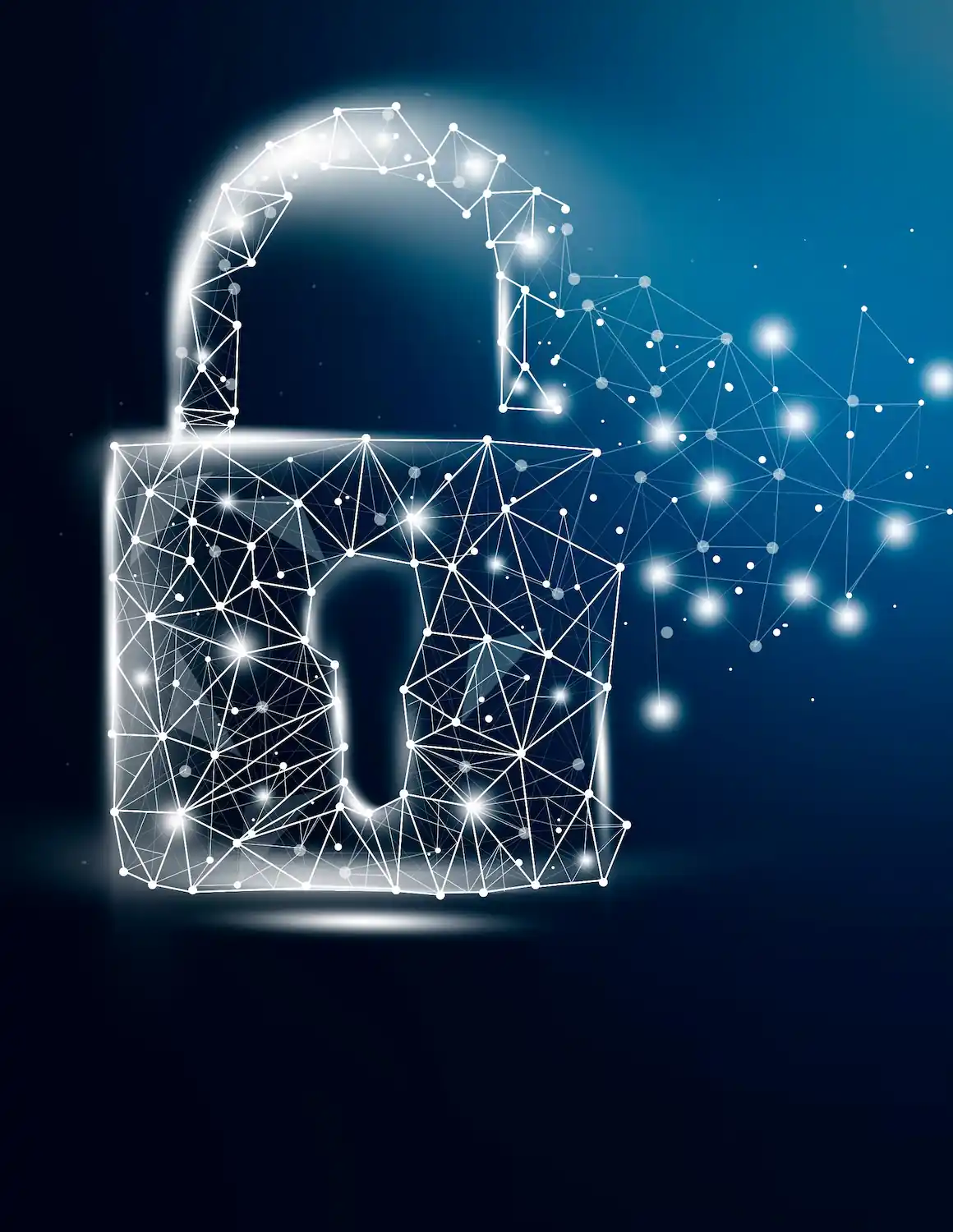 ADOBESTOCK_306701280 | Cekome Cadenas numérique ouvert constitué de points lumineux interconnectés sur fond bleu sombre, symbolisant la cybersécurité et la protection des données.