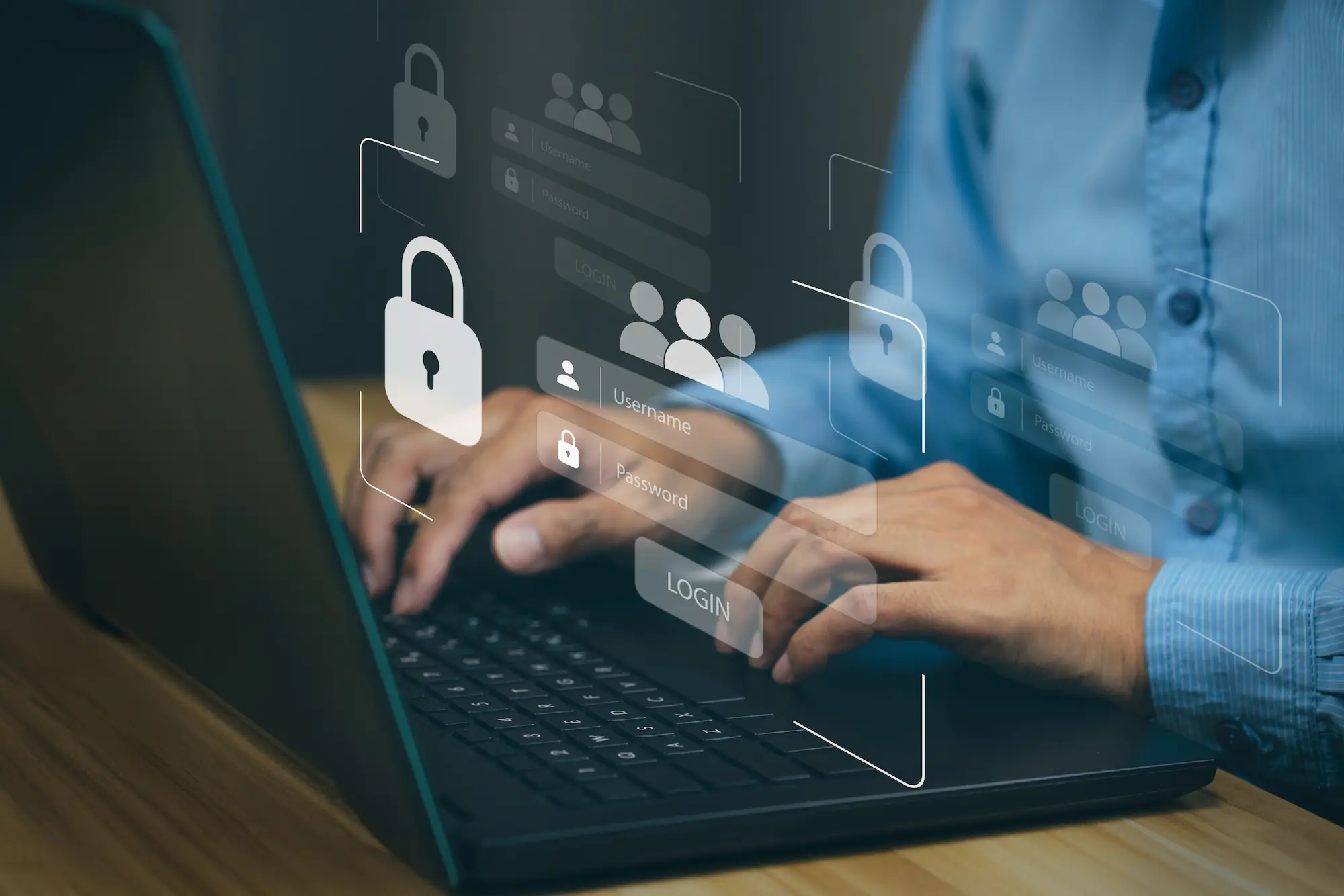 ADOBESTOCK_484633562 | Cekome Connexion sécurisée sur un ordinateur portable avec des icônes de cadenas et champs de login flottants, illustrant la cybersécurité et la protection des identifiants.