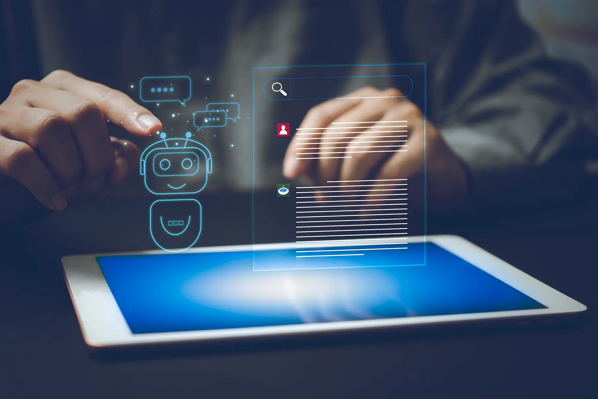 ADOBESTOCK_563602311 | Cekome Interface d’assistance virtuelle affichée au-dessus d’une tablette numérique, illustrant un chatbot en interaction avec un utilisateur.