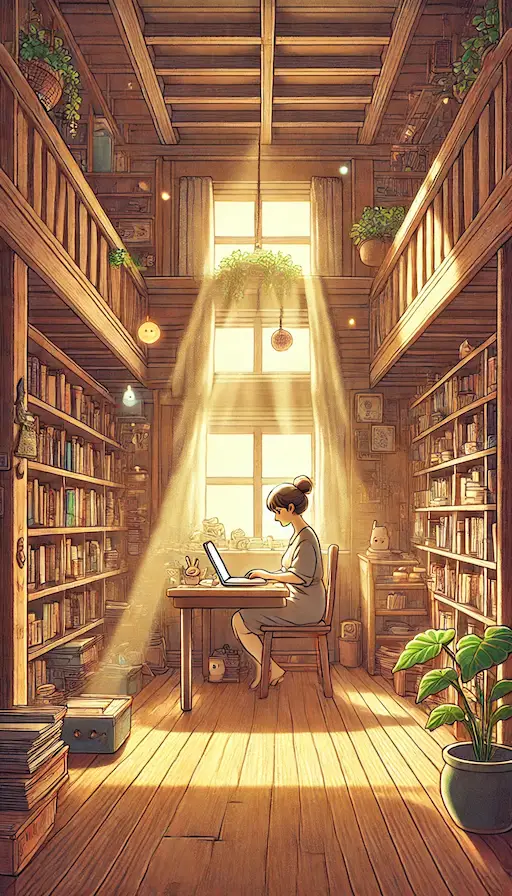 DALL·E 2025 05 06 14.19.53 A GHIBLI STYLE ILLUSTRATION OF A PERSON WORKING ON A LAPTOP IN A TALL VERTICAL COMPOSITION. THE PERSON IS SEATED AT A COZY WOODEN DESK IN A WARMLY LIT 1 | Cekome Illustration de style Ghibli représentant une personne travaillant sur un ordinateur portable dans une bibliothèque en bois baignée de lumière naturelle.